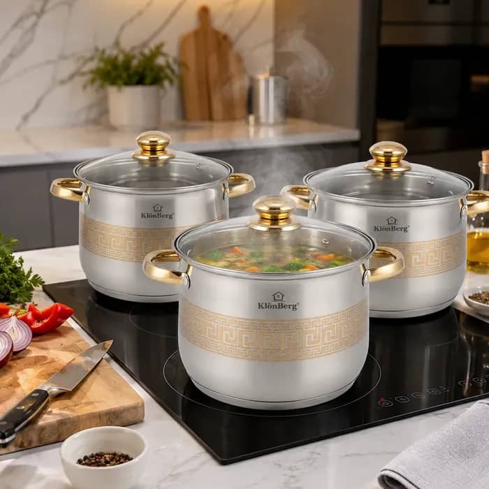 products.photoOf Stainless Steel Stock Pot Set 6Pcs with Glass Lids 5-Layer Base KB-3044