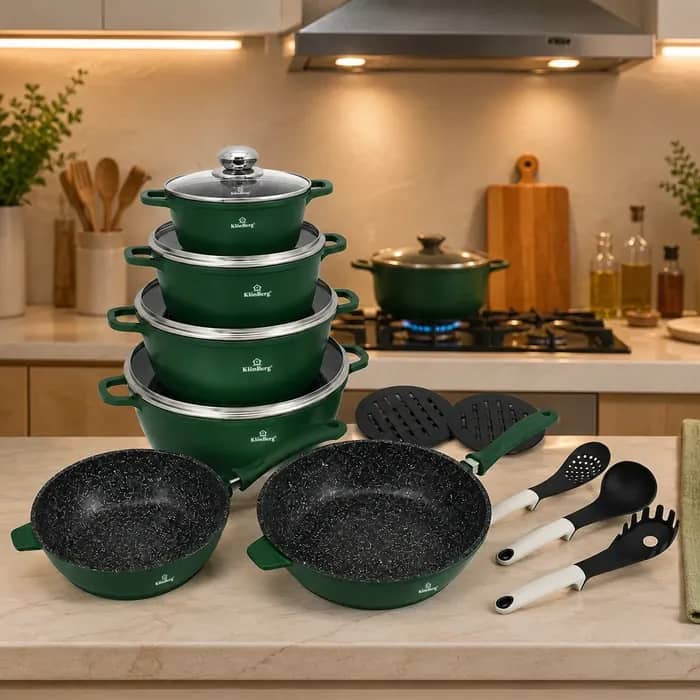products.photoOf Cast Aluminium 17-Piece Ceramic Marble Non-Stick Cookware Set with Glass Lids KB-4074