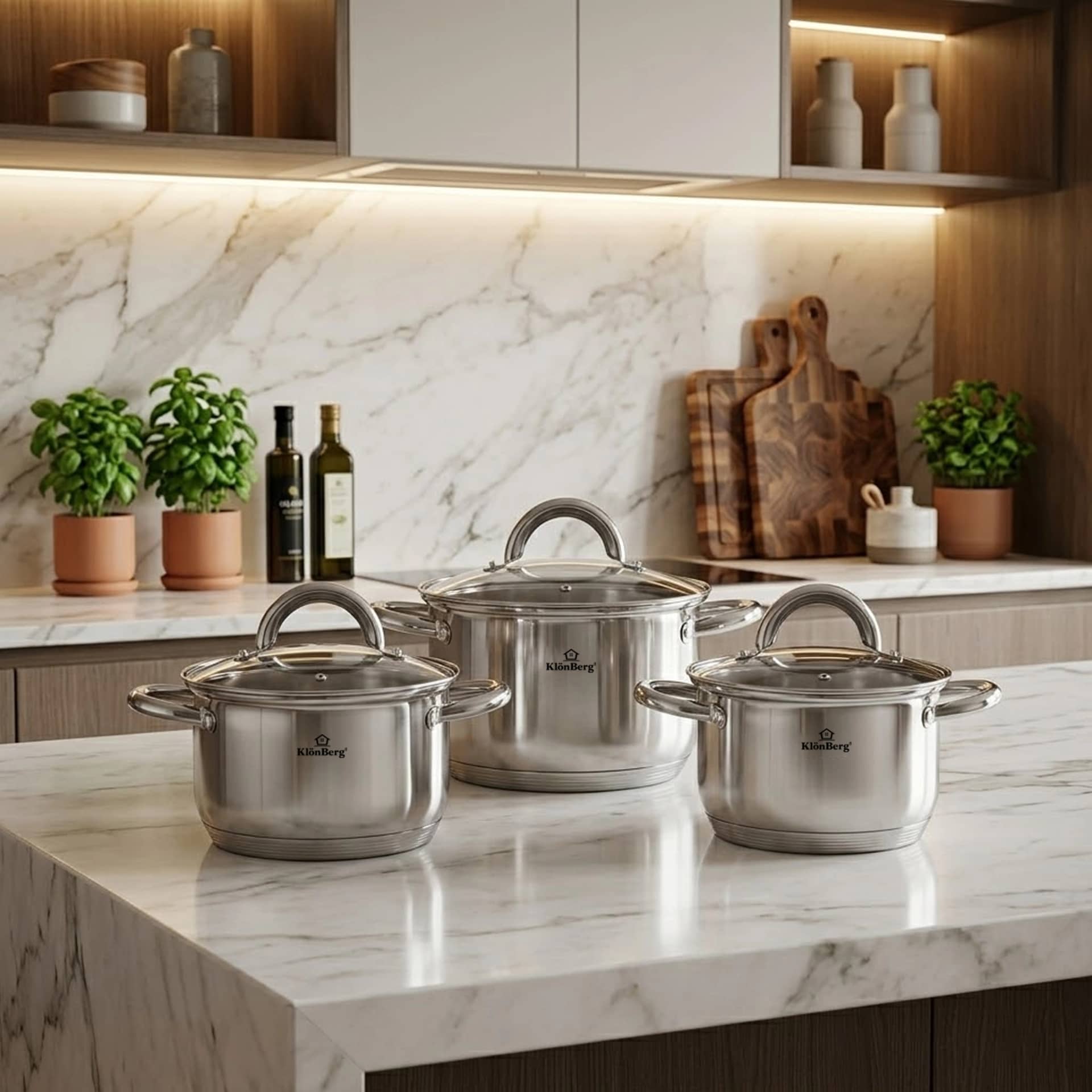products.photoOf Комплект съдове за готвене от неръждаема стомана, 6 части, с 5-слойно дъно и стъклени капаци KB-3037