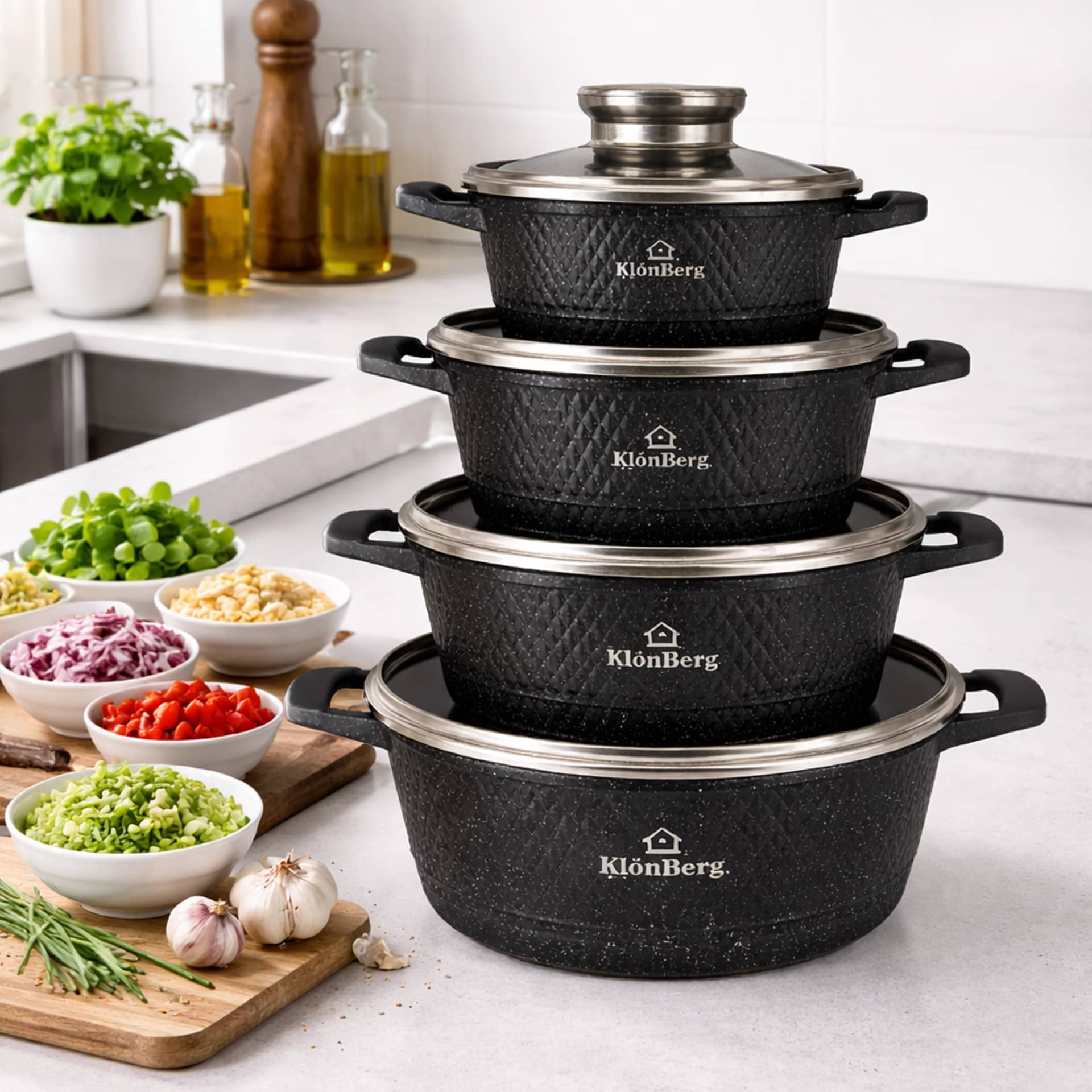 products.photoOf Набір посуду з литого алюмінію з антипригарним покриттям, 8 предметів, керамічний мармур, сумісний з індукцією KB-3839