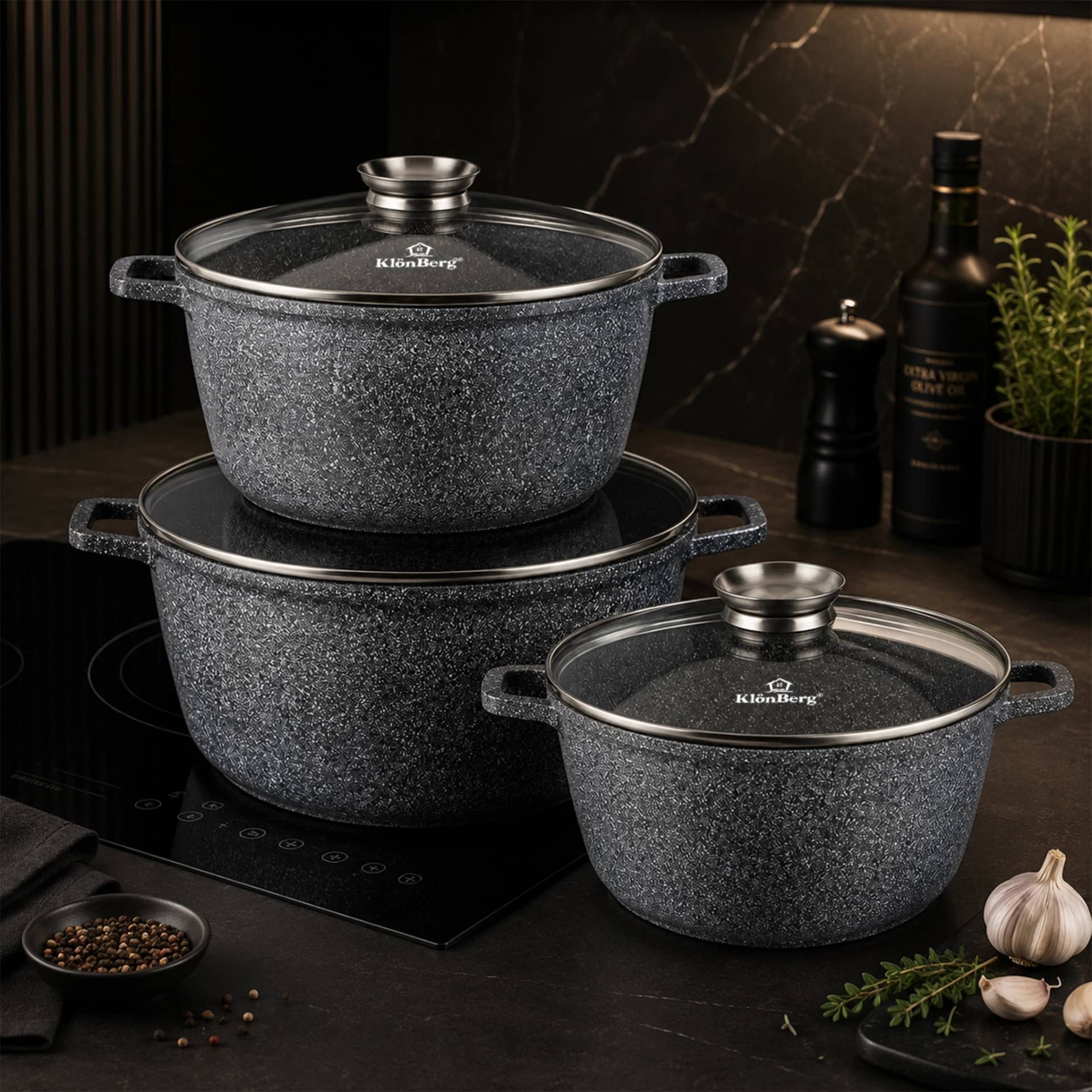 products.photoOf Керамічний мармуровий набір посуду з антипригарним покриттям 6 предметів зі скляними кришками KB-3962