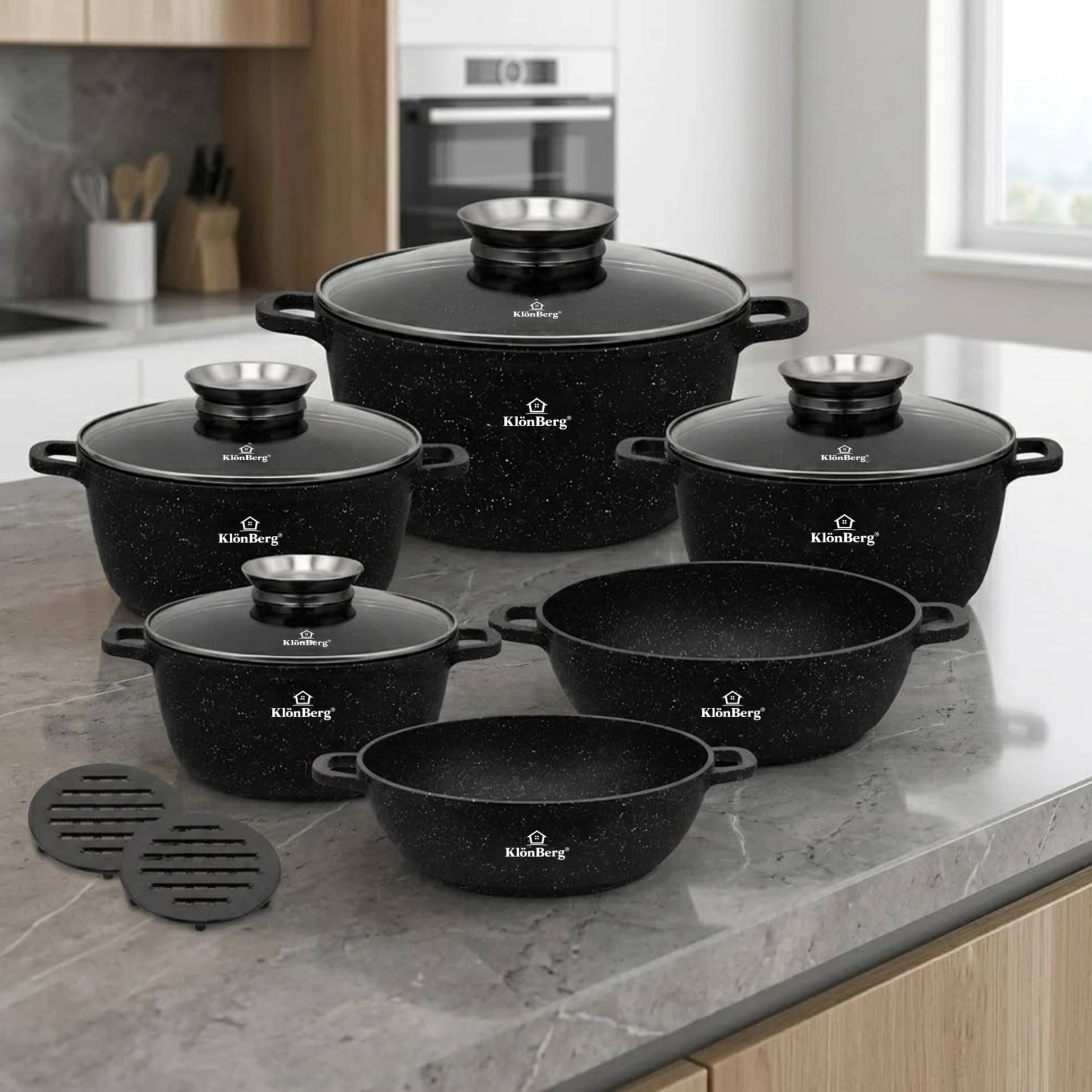 products.photoOf Комплект съдове за готвене 12 части черни керамични мраморни тенджери и тигани с стъклени капаци KB-4045