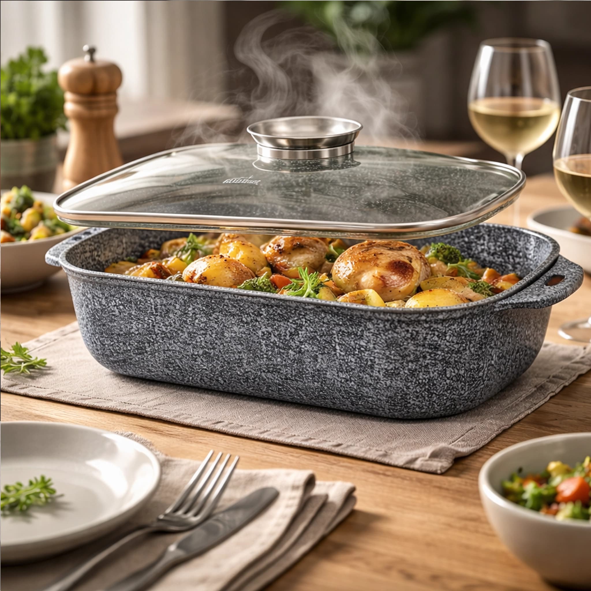 products.photoOf Roaster Pan 34cm 6L Ceramic Marble Non-Stick with Lid for Oven & Induction KB-3935