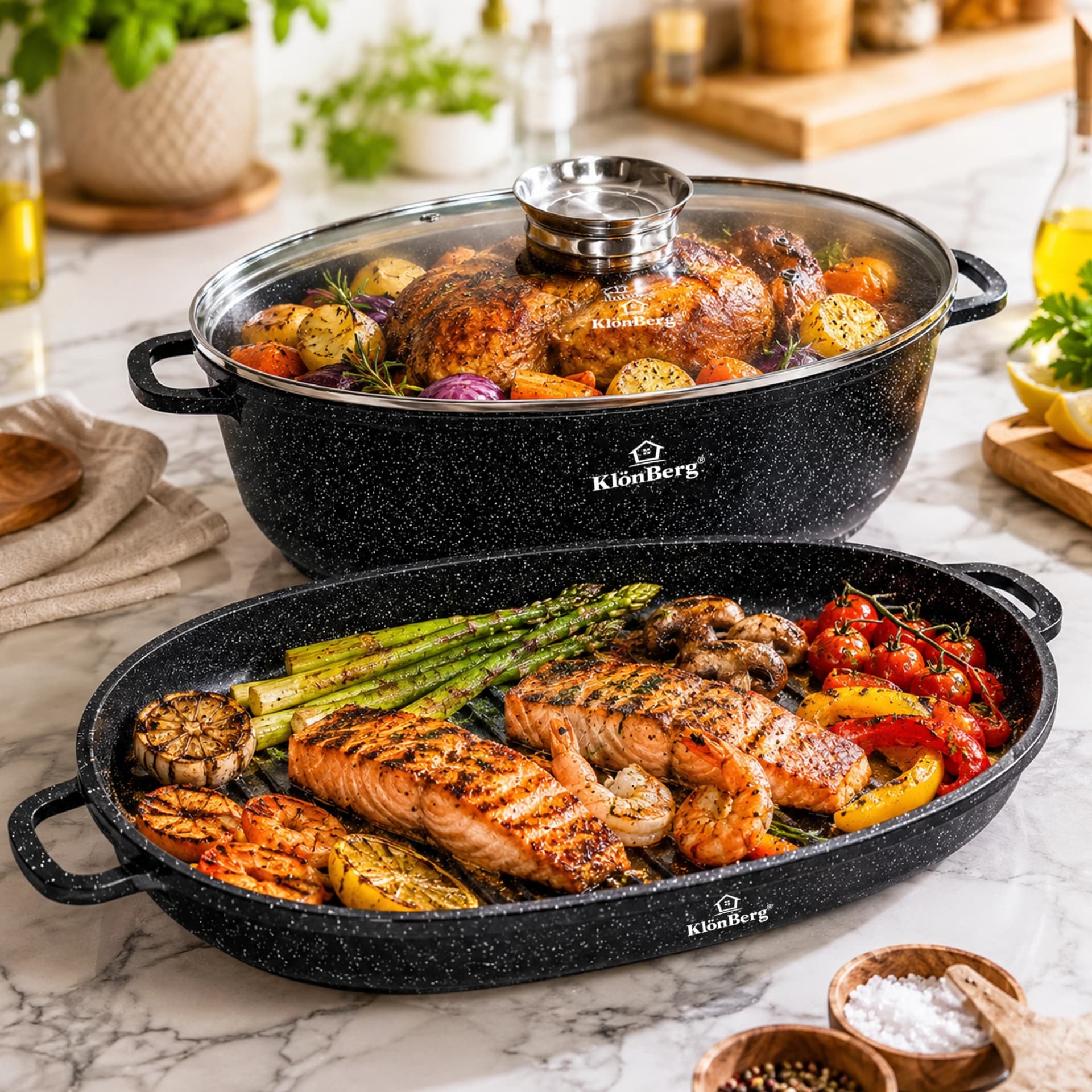 Bratpfanne 38CM 11L Schwarz Keramik Marmor Antihaft mit Deckel & Grillpfanne – KB-4036