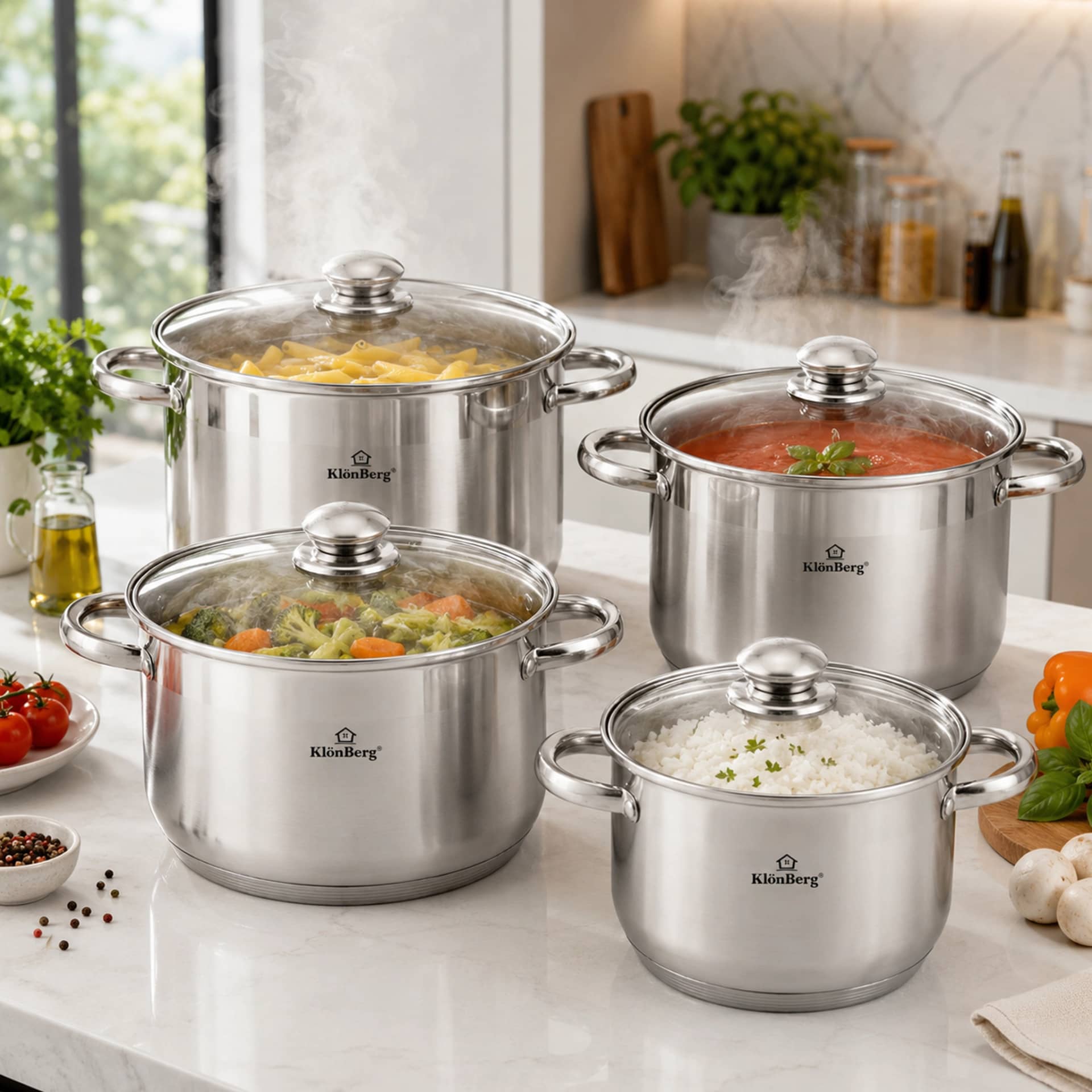 products.photoOf Комплект тенджери от неръждаема стомана 8 части с 5-слойно дъно и стъклен капак KB-2531