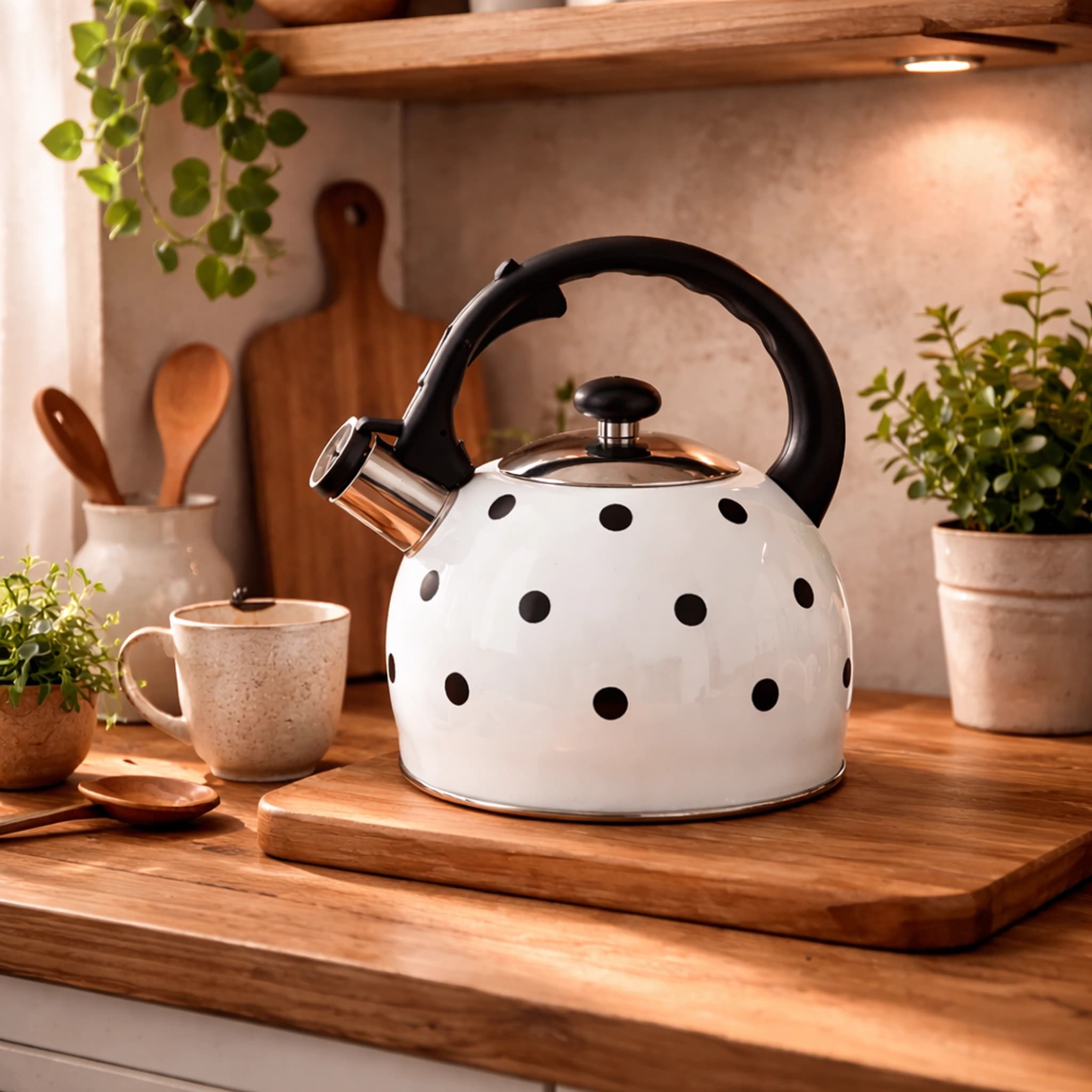 products.photoOf Stainless Steel Whistling Kettle 2.0L White Polka Dot Induction Compatible KB-1036