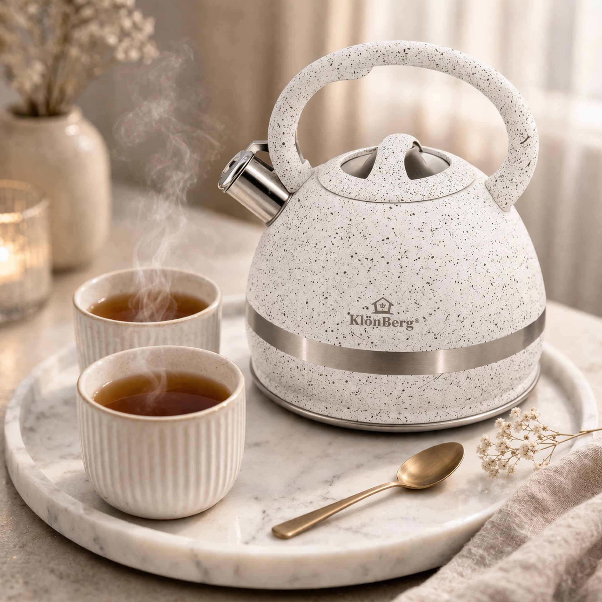 products.photoOf Stainless Steel Whistling Kettle 3L White Granite Finish for Induction with Soft Handle KB-6621