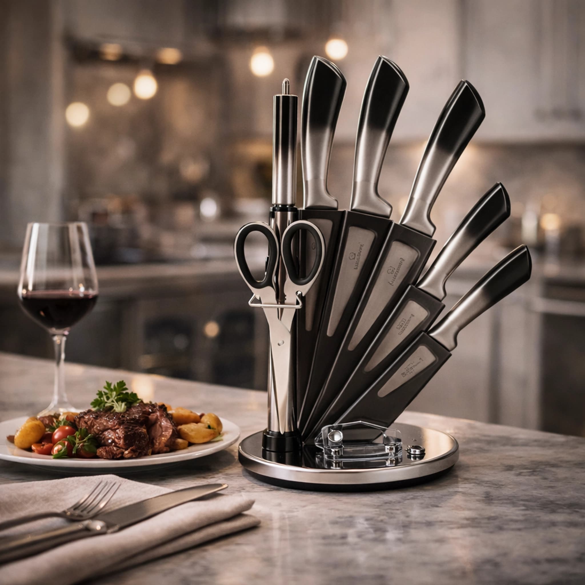 products.photoOf Stainless Steel Kitchen Knife Set 9PCS with Acrylic Rotating Holder KB-3220