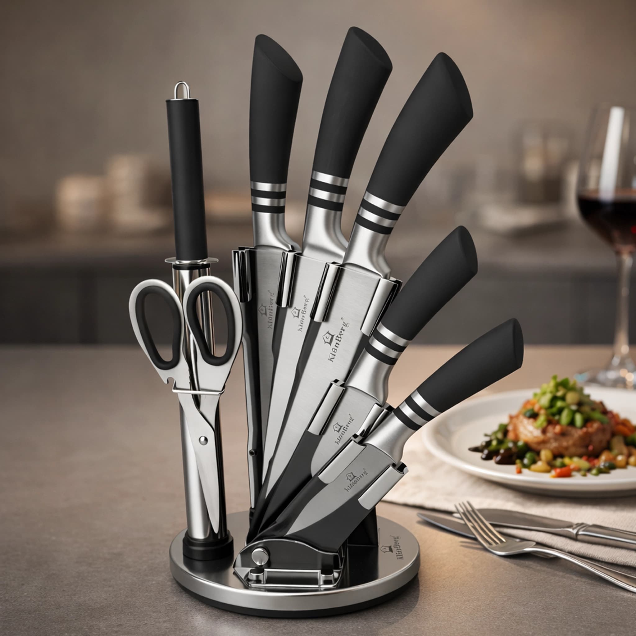 products.photoOf Stainless Steel Kitchen Knife Set 8 PCS with Acrylic Rotating Holder KB-3215