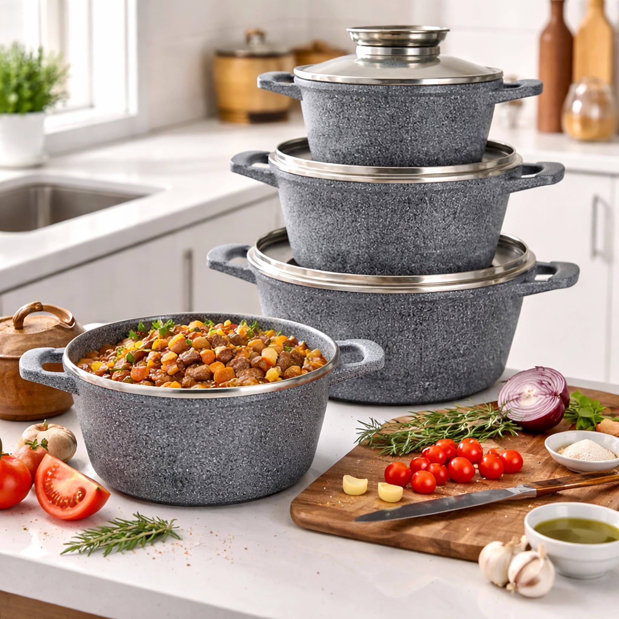 products.photoOf Cast Aluminum Nonstick Cookware Set 8-Piece Ceramic Marble Induction Compatible KB-3740