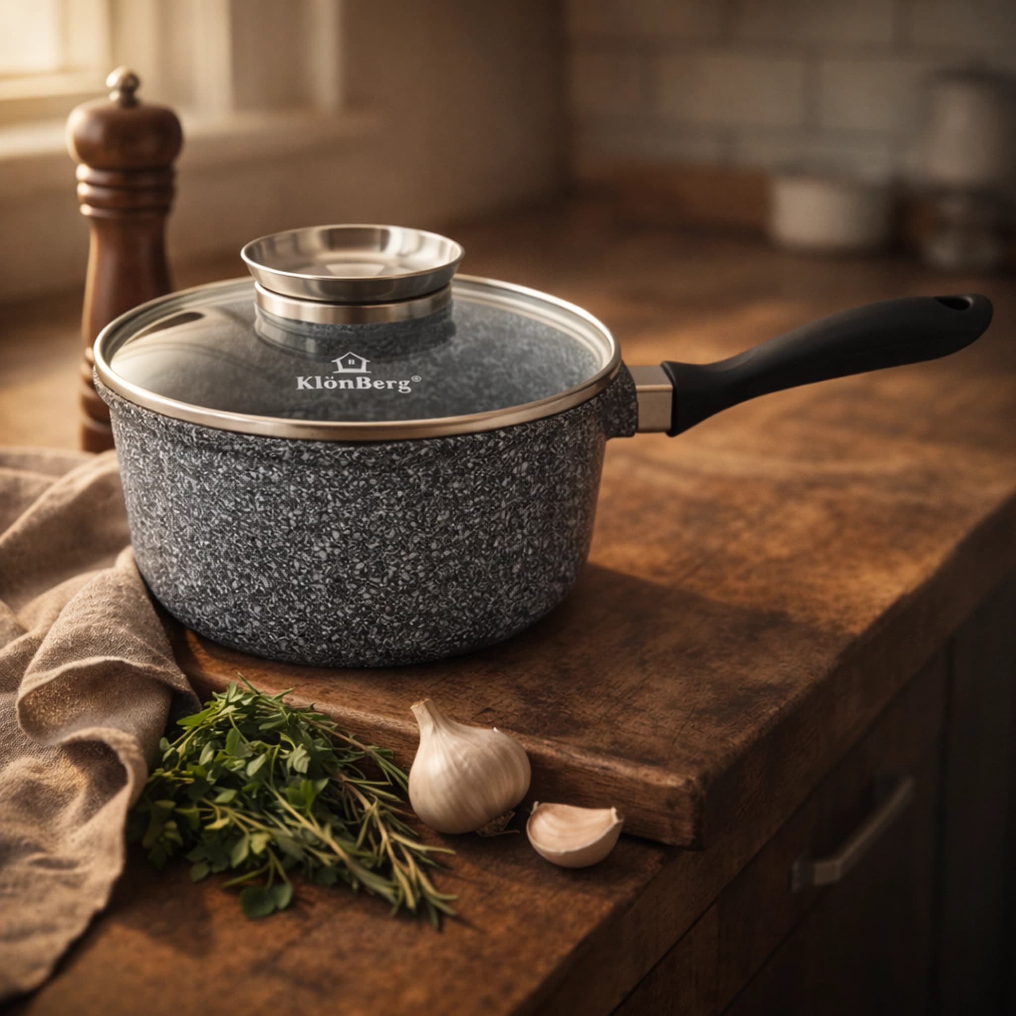 products.photoOf Saucepan 18cm 1.8L Ceramic Marble Non-Stick with Glass Lid for Induction KB-3919