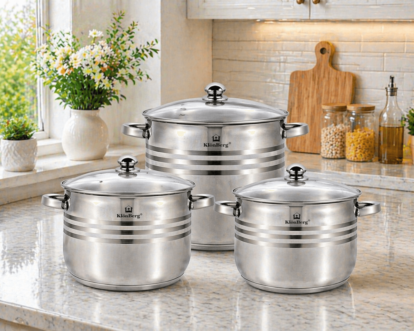 products.photoOf Stainless Steel Stock Pot Set 6pcs with 5-Layer Bottom and Glass Lids KB-2528