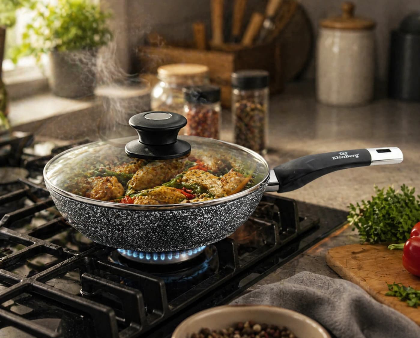 products.photoOf Marble Coating Frying Pan 22cm Non-Stick Pressed Aluminum with Lid KB-8642