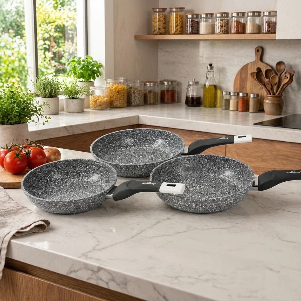 products.photoOf Granite Frying Pan Set 3PCS Grey Pressed Aluminium Non-Stick Induction Compatible KB-8653