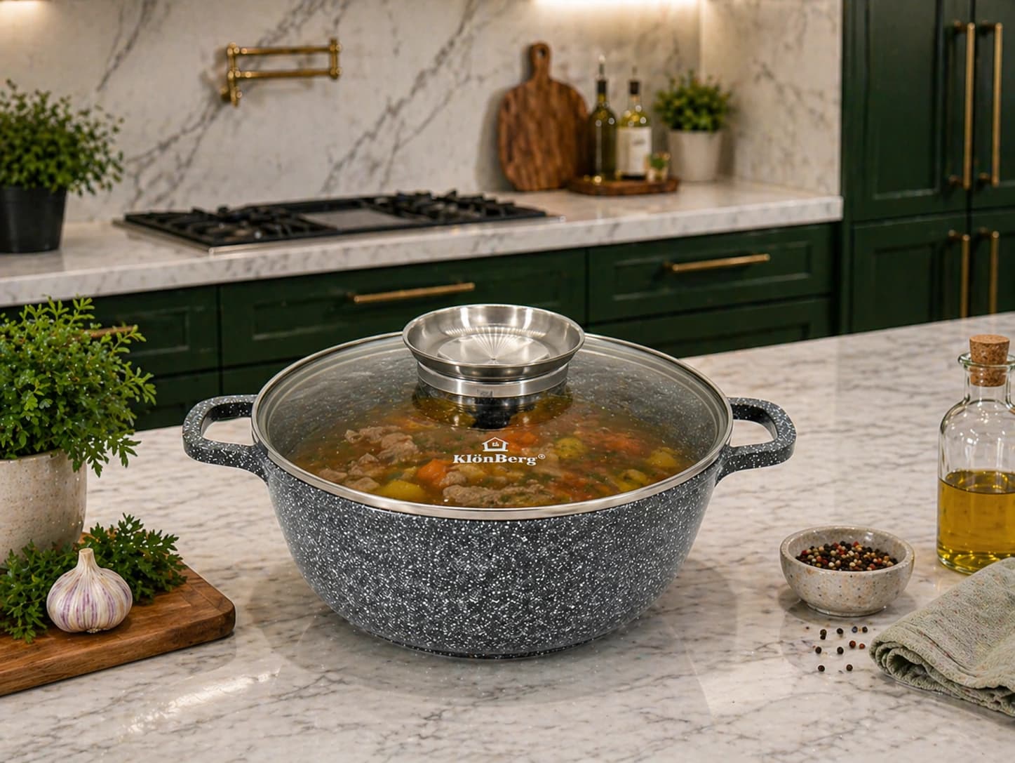 products.photoOf Ceramic Marble Soup Pot 4.3L 24CM Cast Aluminium Non-Stick Grey Finish with Glass Lid-KB-3905