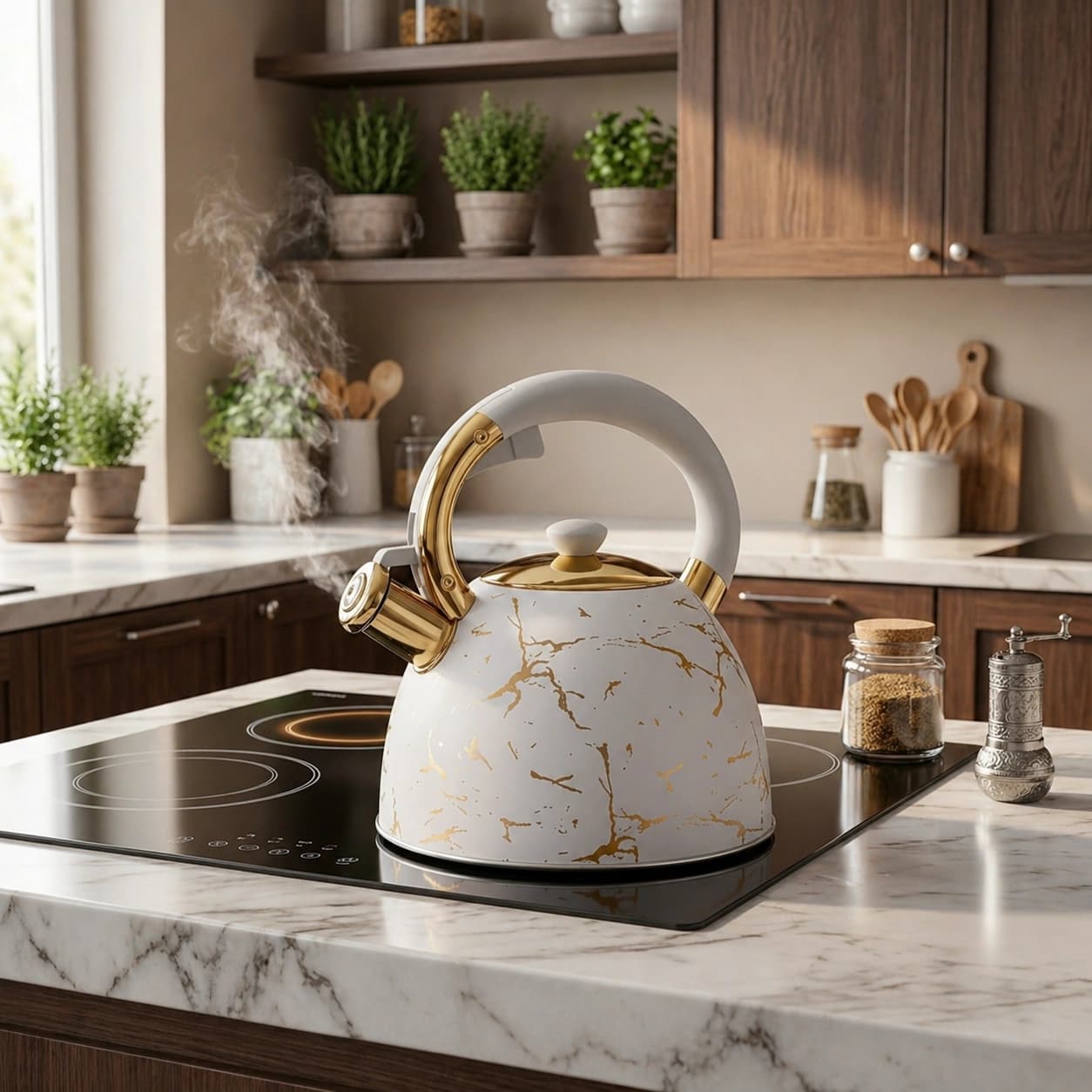 products.photoOf Stainless Steel Whistling Kettle 3L White Marble Induction KB-6650