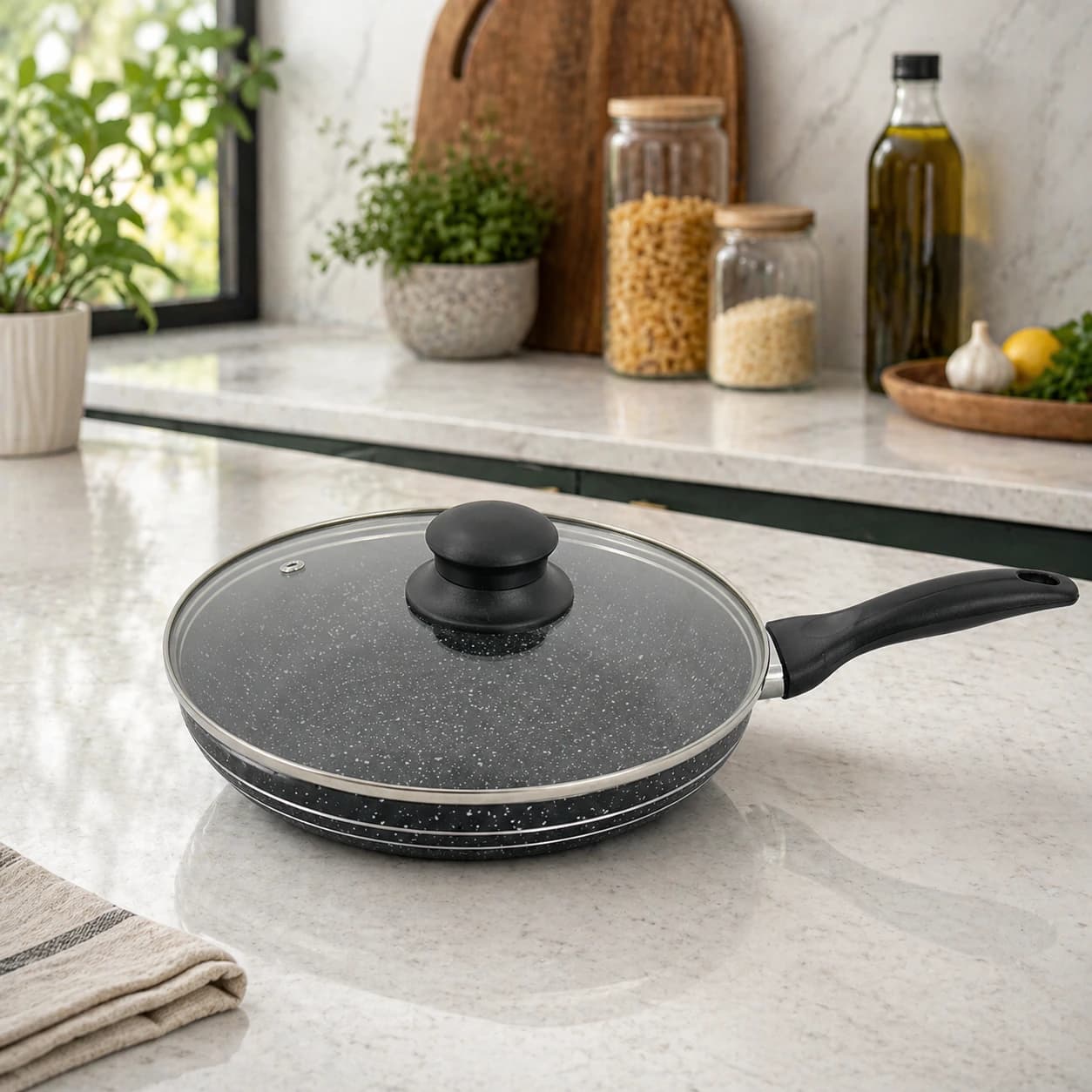 products.photoOf Non Stick Frying Pan 20Cm with Lid Marble Coated Interior Induction Compatible KB-8809