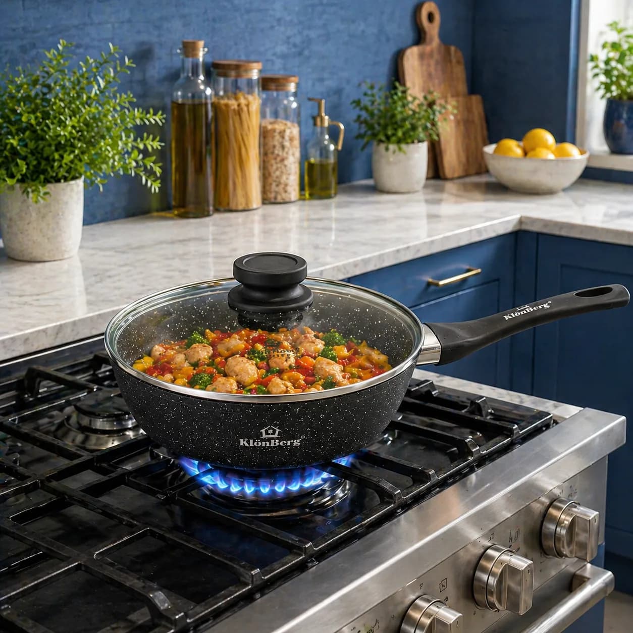 products.photoOf Frying Pan 22cm Non-Stick Marble Coated Forged Aluminum with Lid KB-8613