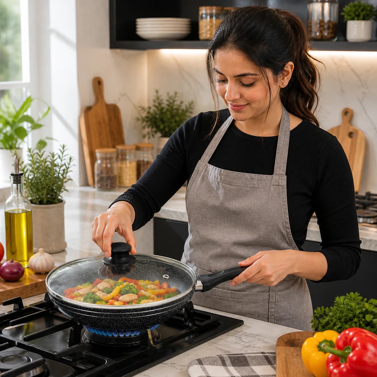 products.photoOf Non Stick Frying Pan 24CM with Glass Lid Marble Coating Induction KB-8811