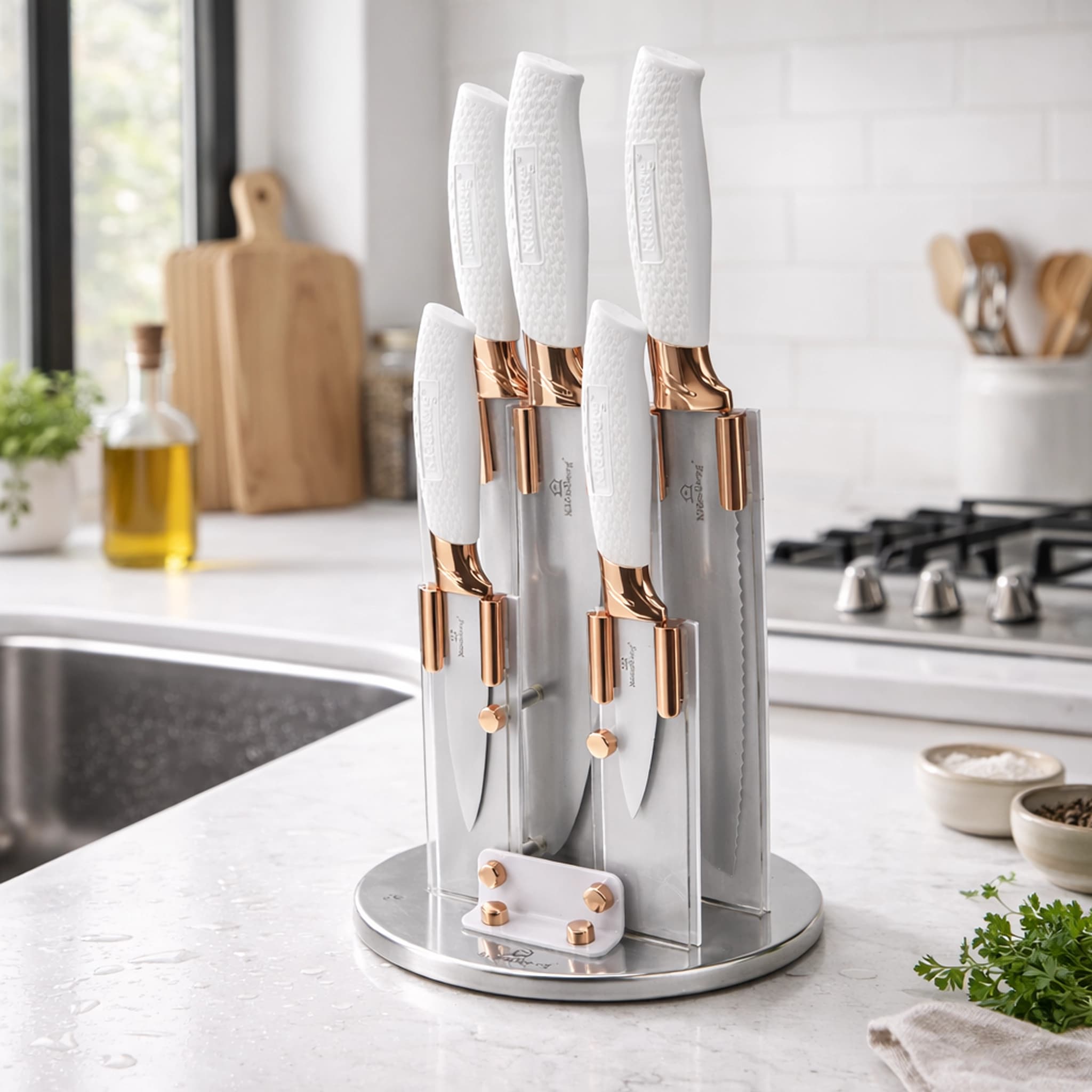 products.photoOf Stainless Steel Kitchen Knife Set 6-Piece White with Rotating Acrylic Stand KB-3205