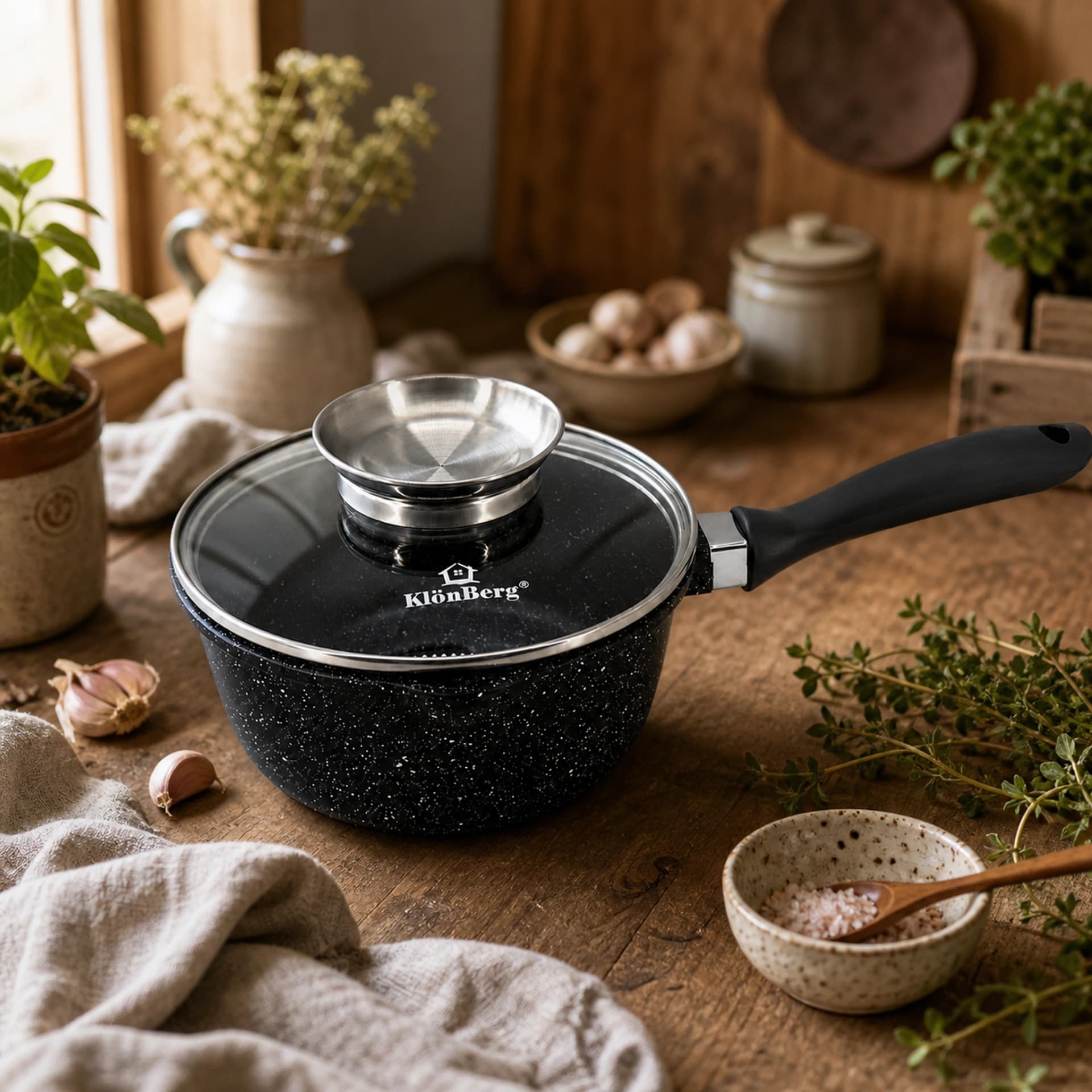 products.photoOf Ceramic Marble Non Stick Saucepan 18cm 1.8L Glass Lid Induction Black KB-4019