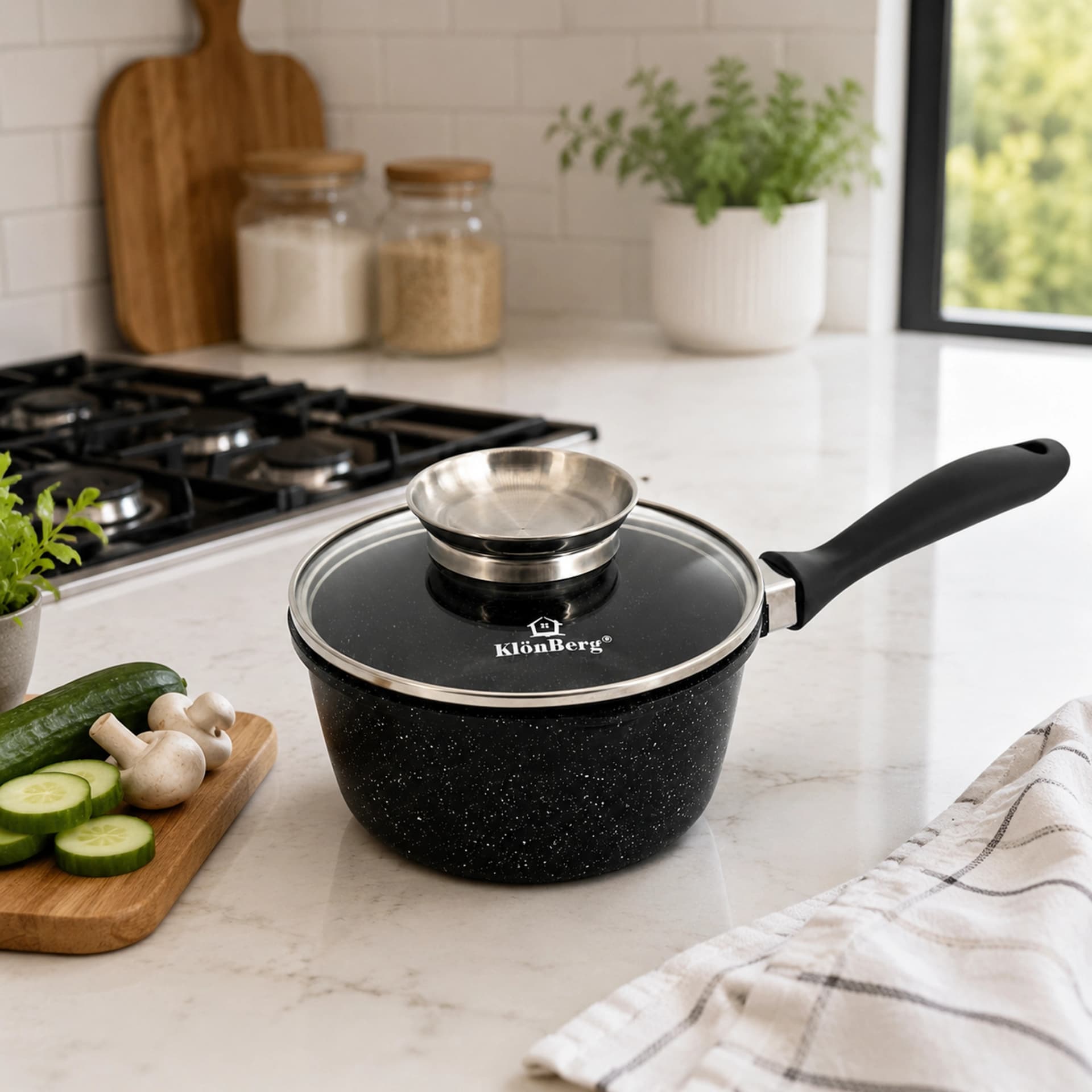 products.photoOf KlonBerg 16cm Ceramic Marble Non Stick Saucepan 1.4L with Glass Lid KB-4018