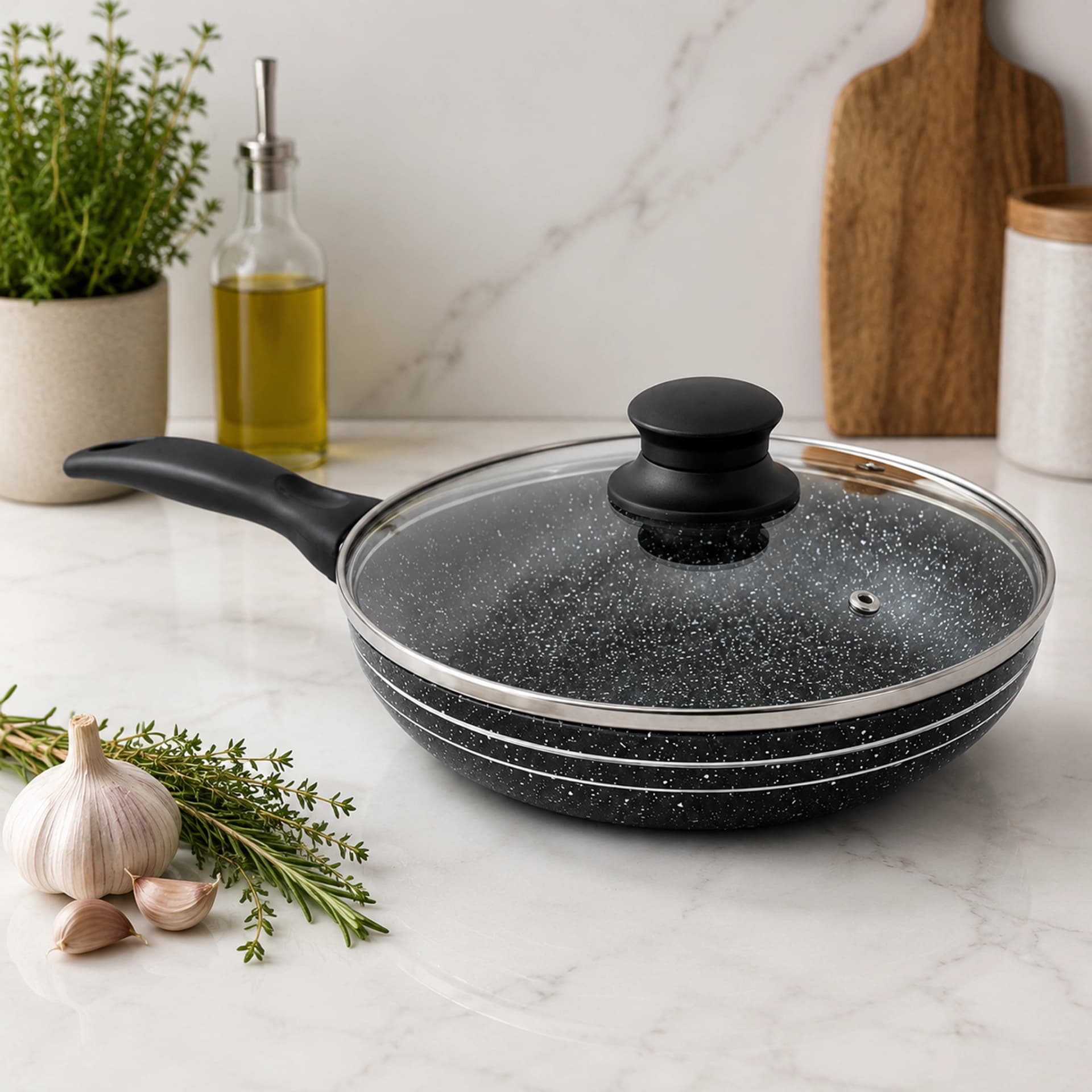 products.photoOf Non Stick Frying Pan 20Cm with Lid Marble Coated Interior Induction Compatible KB-8809