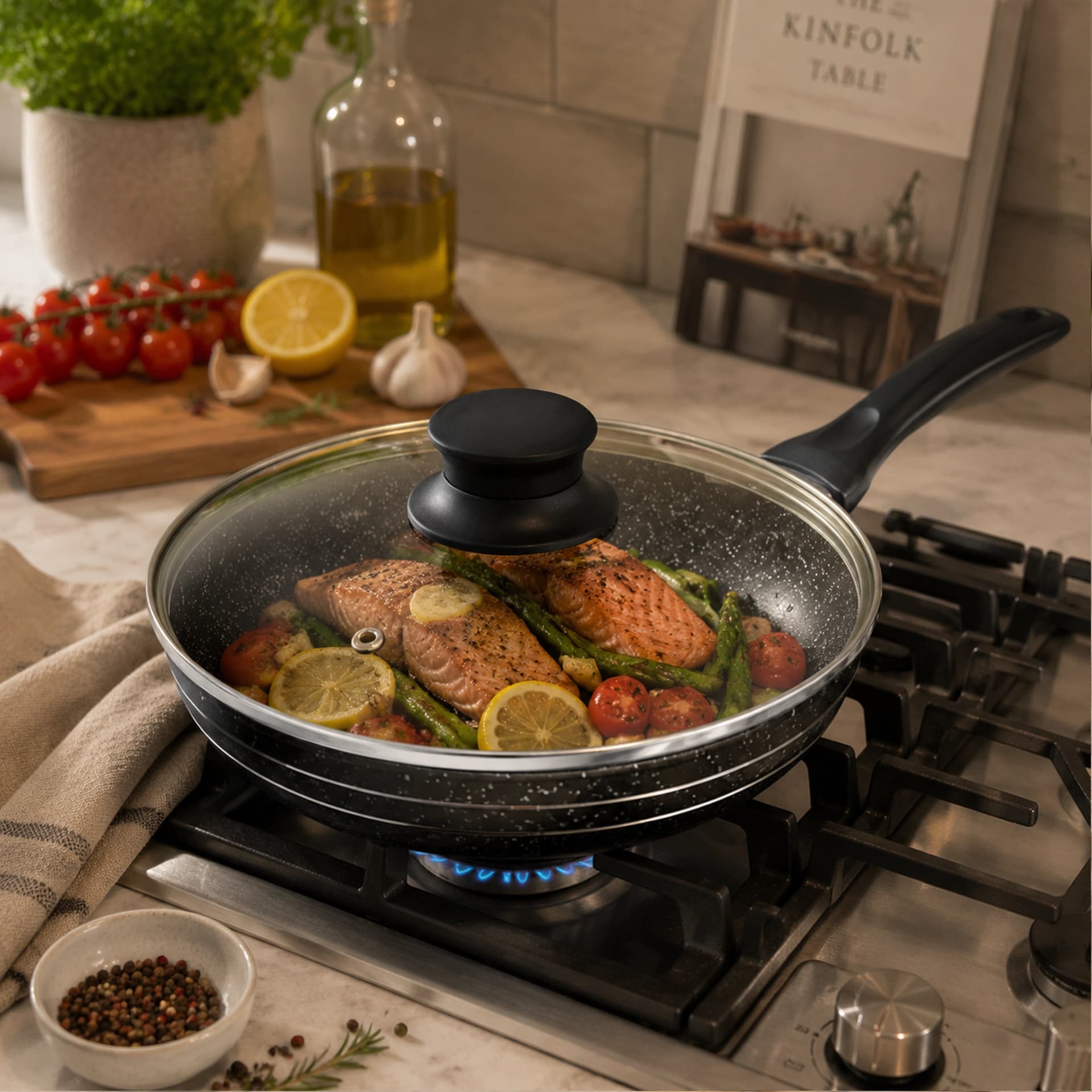 products.photoOf Marble Coating Non Stick Frying Pan with Lid 30cm PFOA Free Induction Gas KB-8814