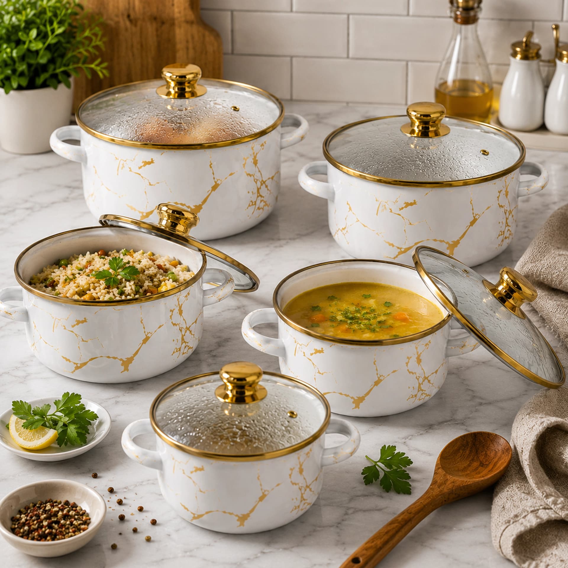 products.photoOf Enamel Casserole Set with Lids White Gold 10 Pcs KB-9105