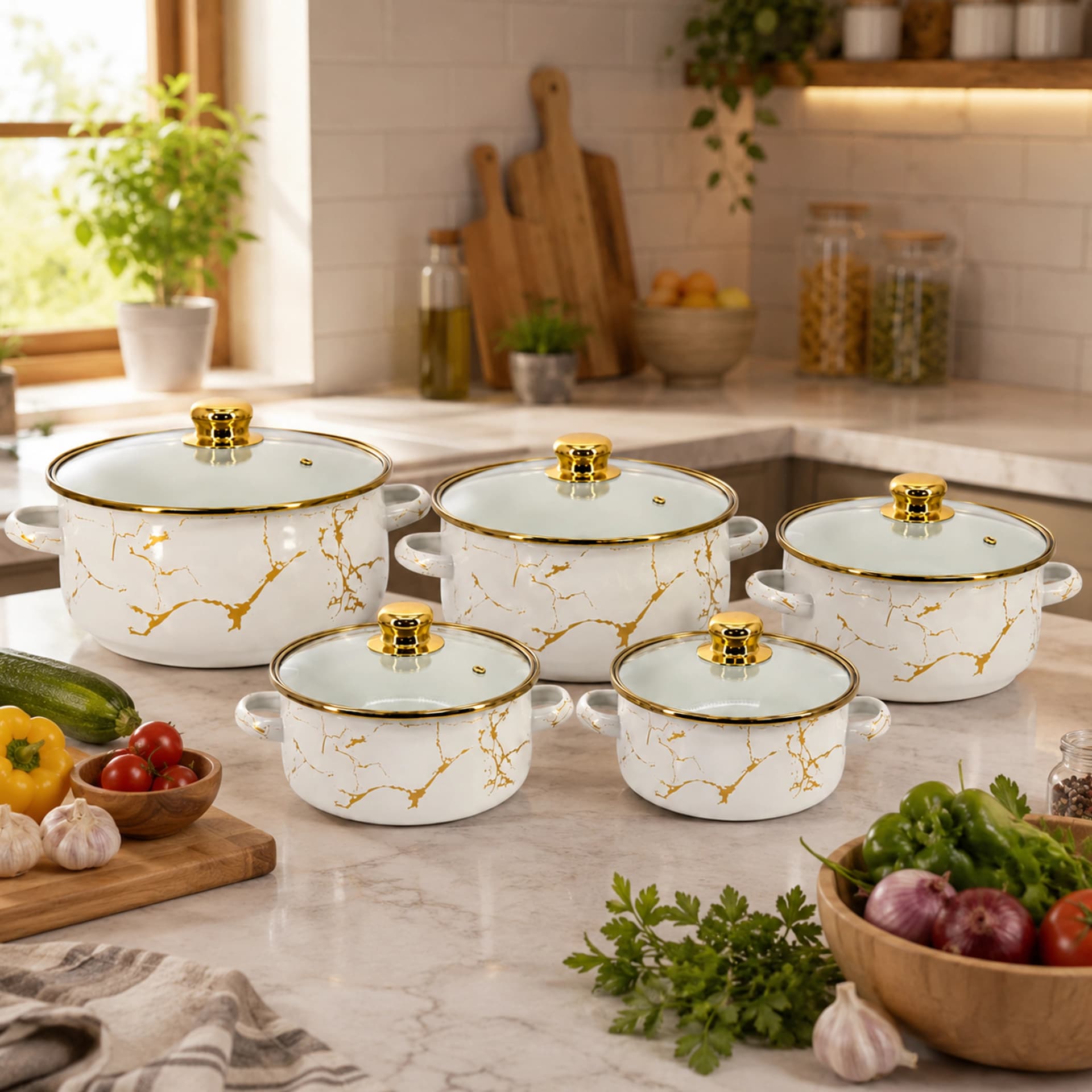 products.photoOf Enamel Casserole Set 10 Piece with Lids White Gold KB-9107