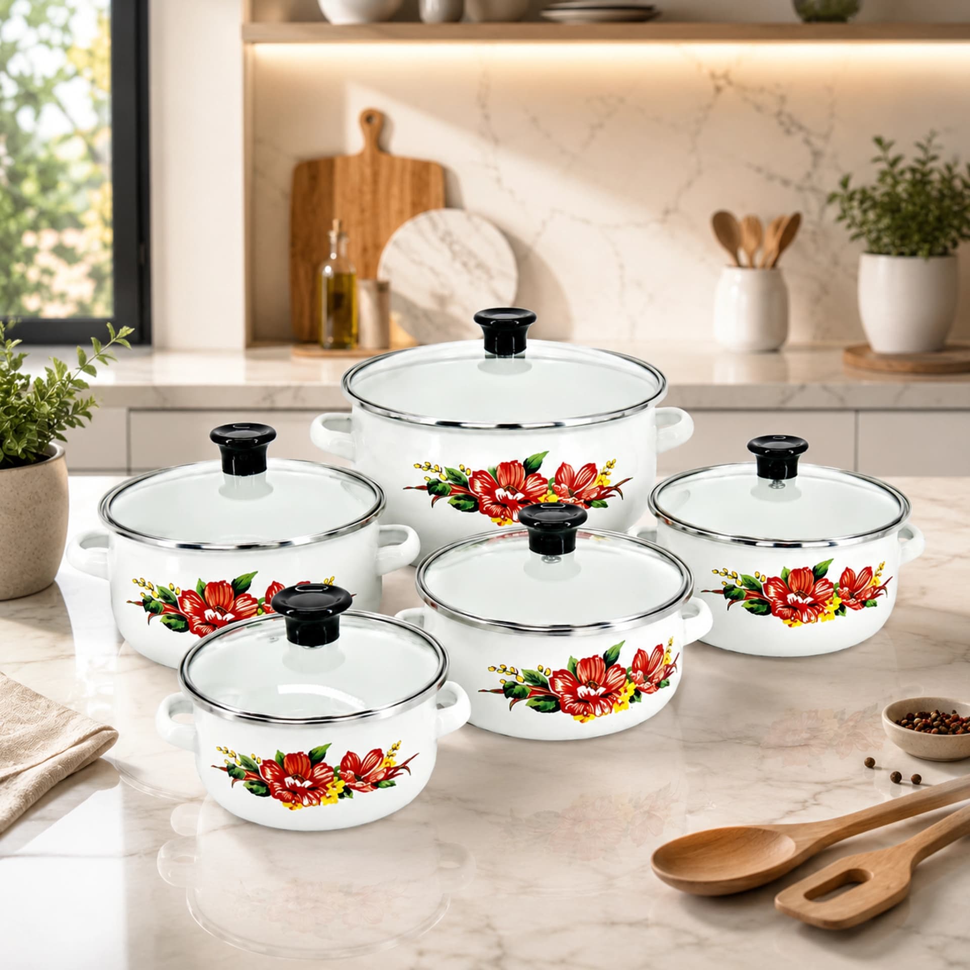products.photoOf Enamel Casserole Set 10-Piece Floral Print with Glass Lids KB-9104