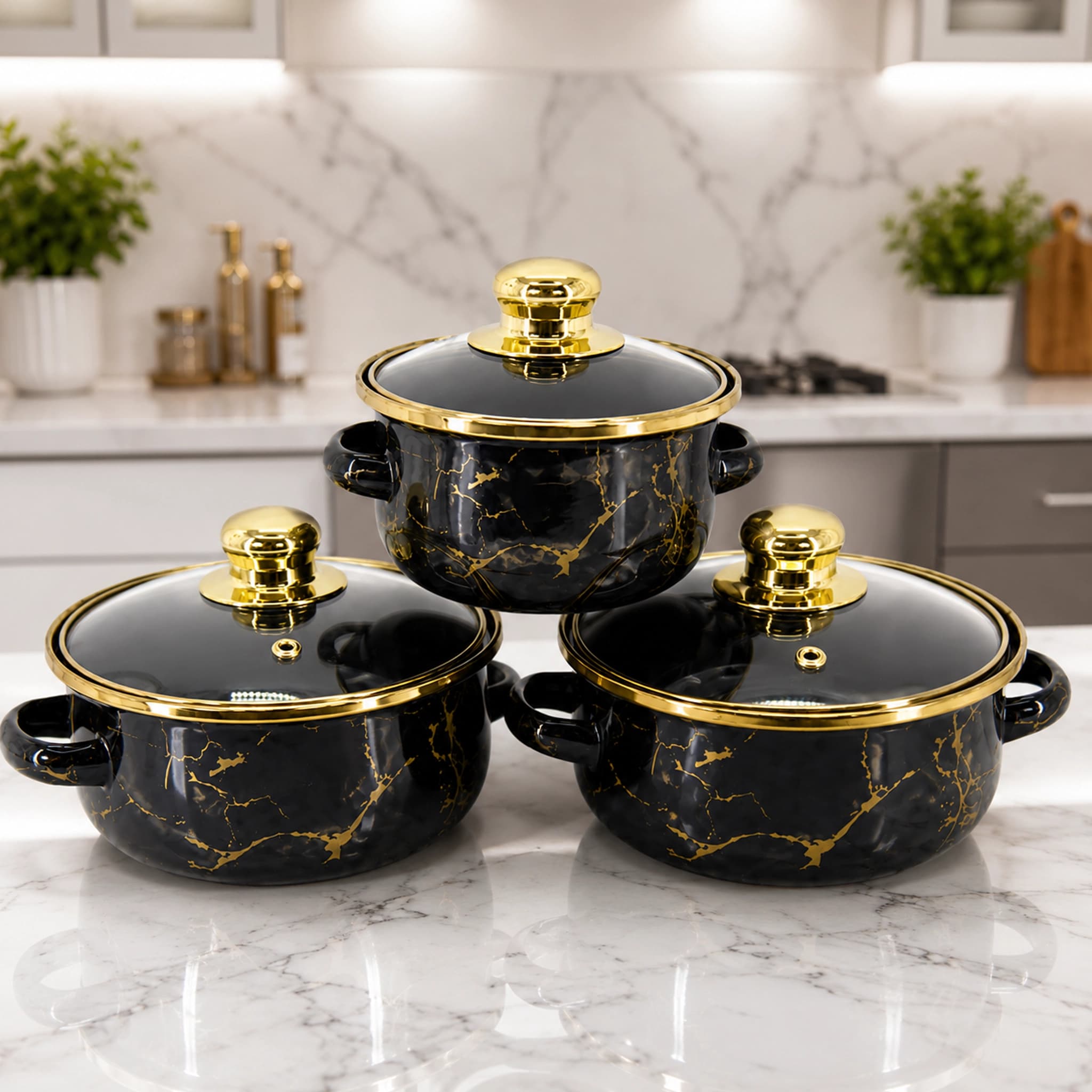 products.photoOf Enamel Casserole Set 6-Piece Black with Gold Marble Pattern and Lids KB-9110