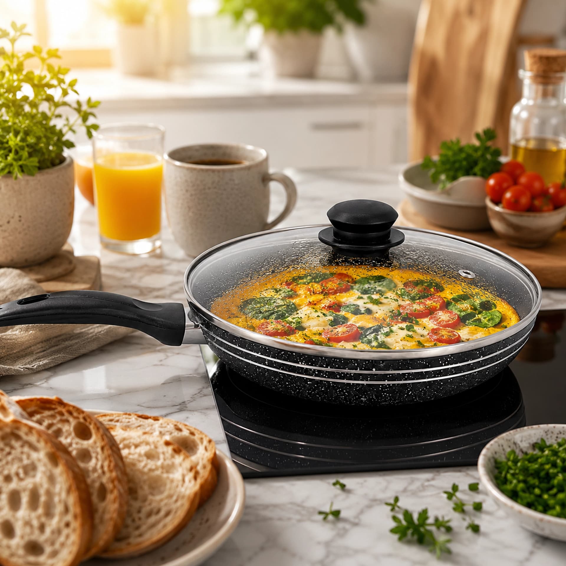 products.photoOf Fry Pan 28cm Marble Non-Stick with Glass Lid Granite Coating - KB-8813