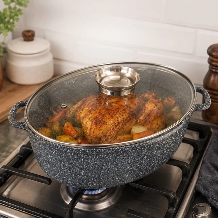 products.photoOf Roasting Pan 38cm with Glass Lid Non Stick Ceramic Marble Coating Grey KB-3937