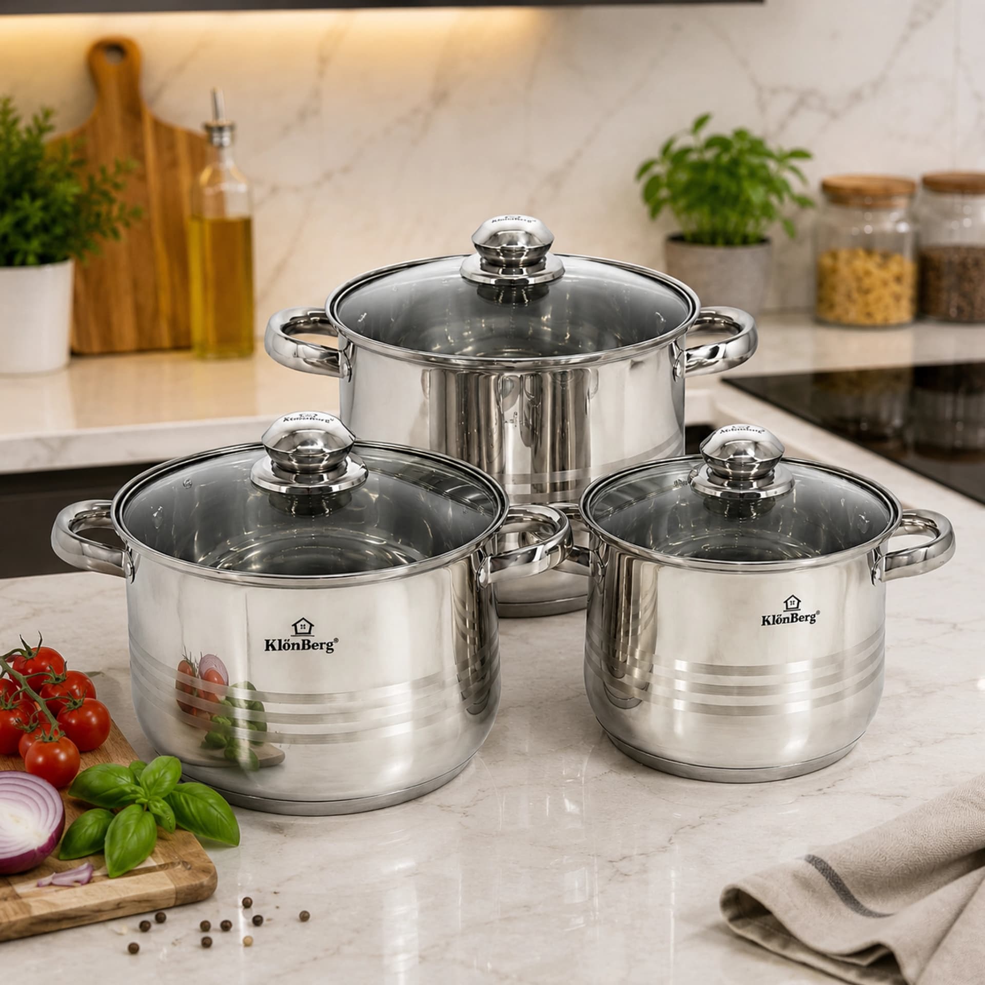 products.photoOf Stainless Steel Stock Pot Set 6 Pcs 5 Layer Base with Glass Lid KB-2530