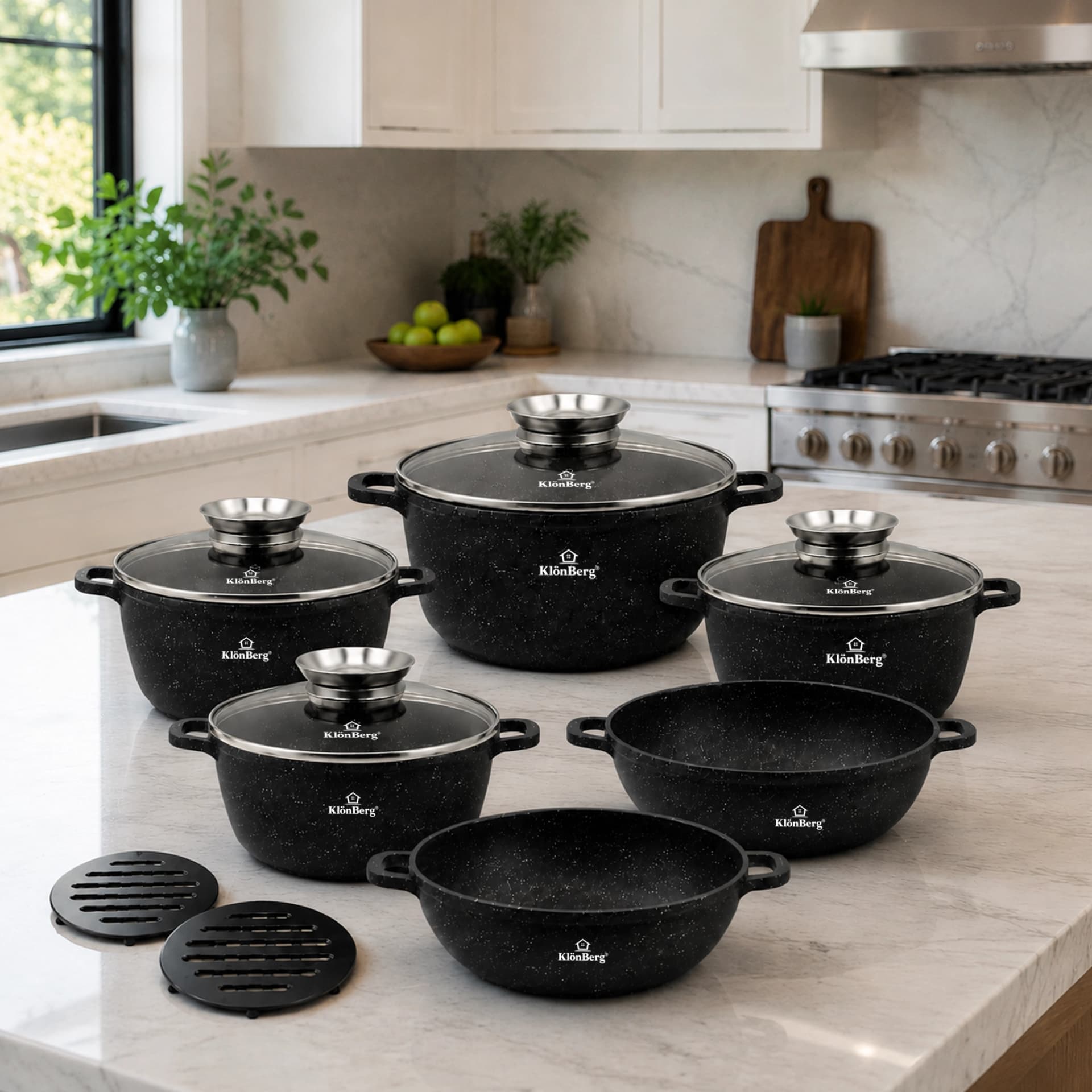 products.photoOf Cookware Set 12 Pcs Black Ceramic Marble Pots and Pans Set with Glass Lids KB-4045
