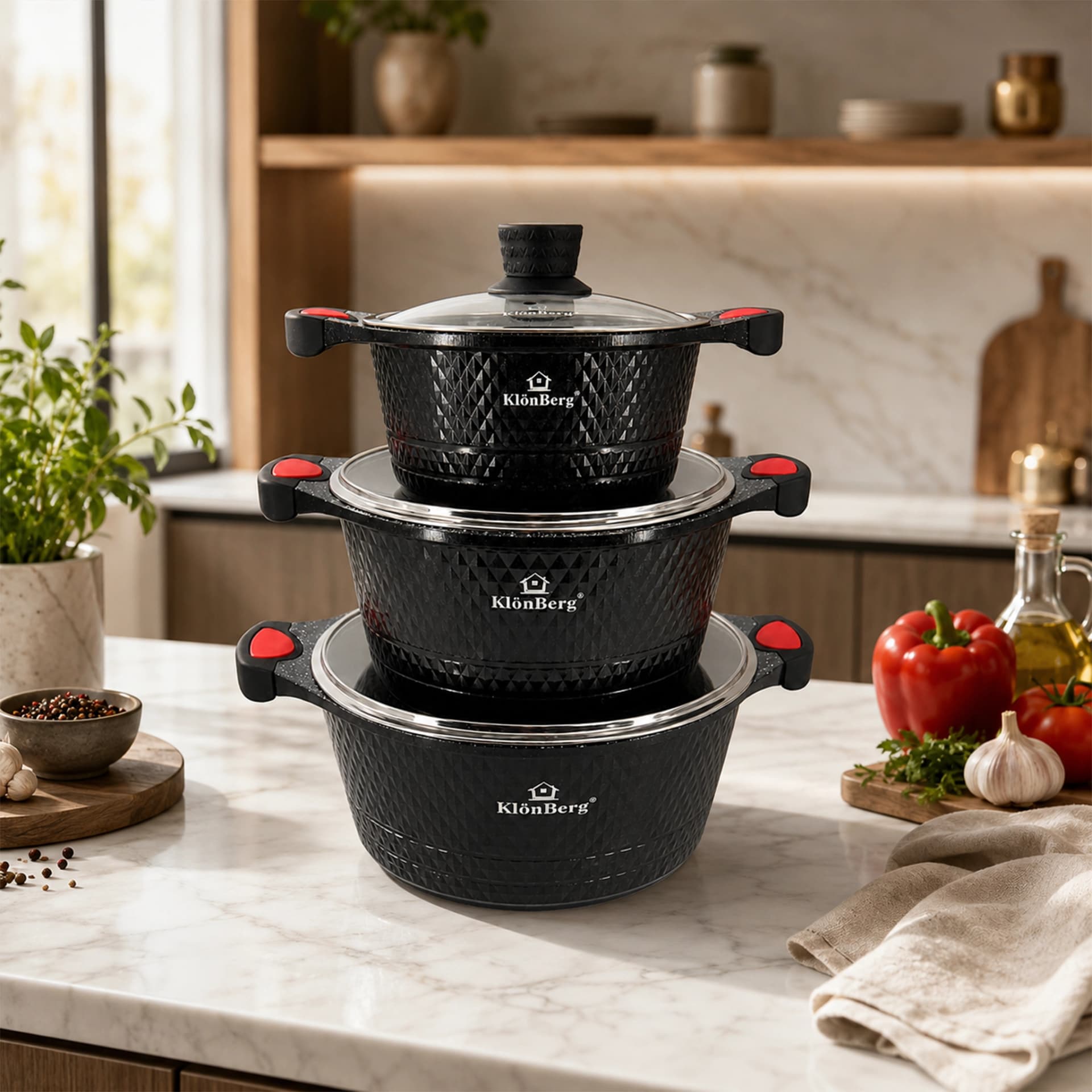 products.photoOf Ceramic Marble 6Pcs Nonstick Pot Set Cast Aluminium Black with Glass Lid KB-4200