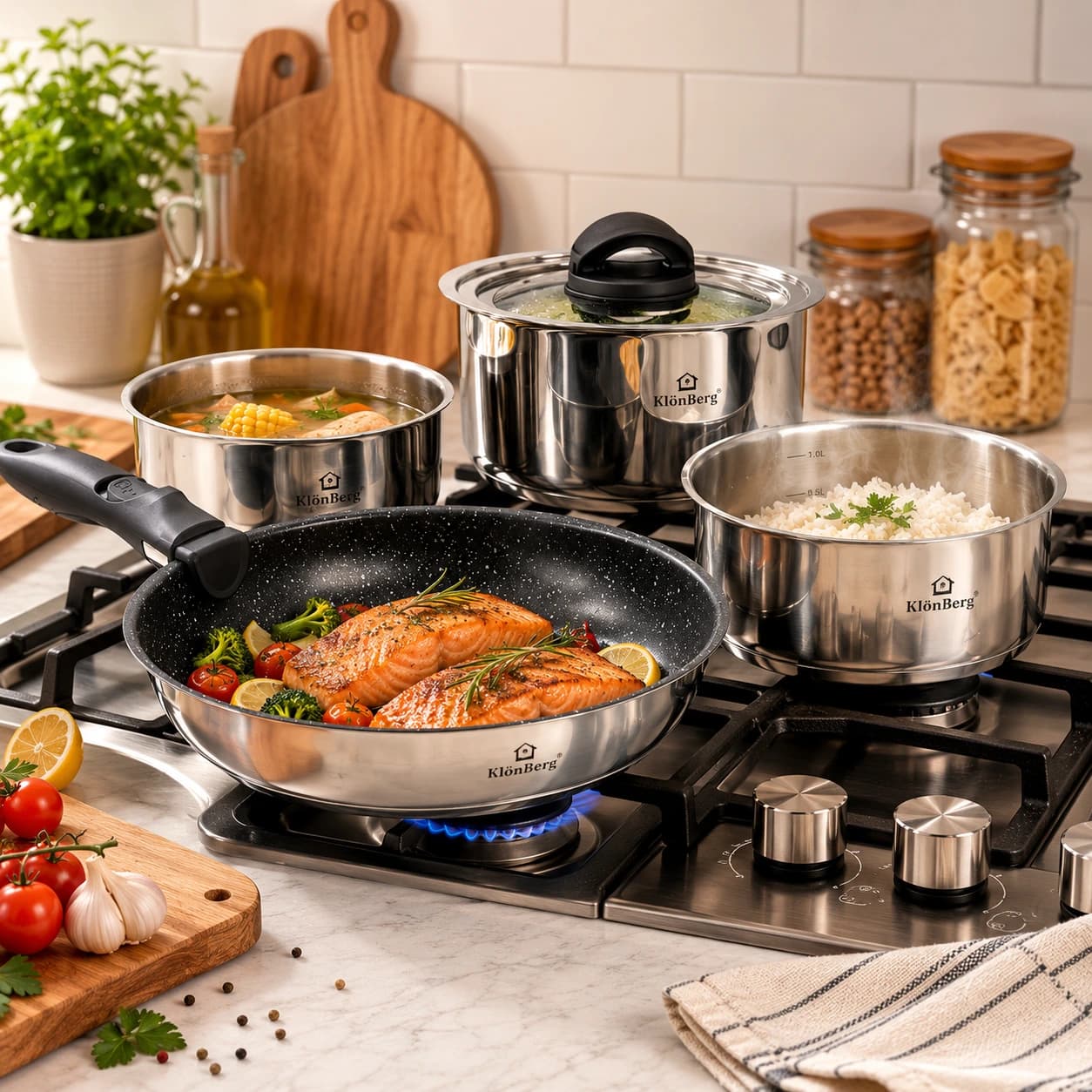 products.photoOf Cookware Set 6-Piece Stainless Steel with Removable Handle and Lid KB-3140