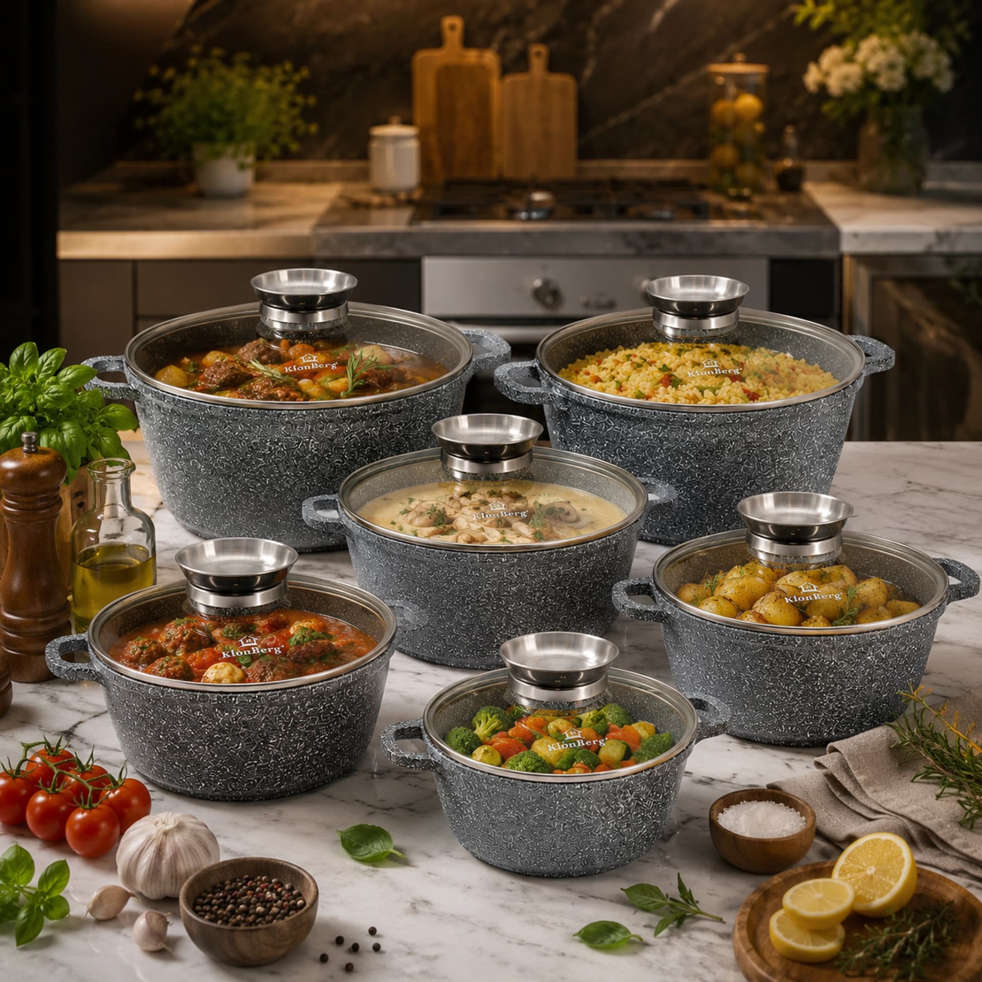 products.photoOf Ceramic Marble Nonstick Cookware Set 12PCS Grey with Glass Lids – KB-3921