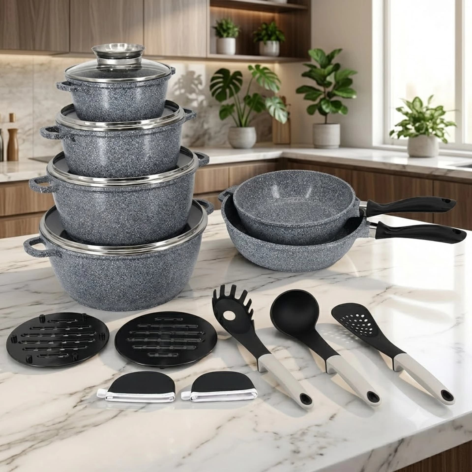 products.photoOf Ceramic Marble Non-Stick Cookware Set 17PCS Cast Aluminum Grey with Glass Lids KB-3926