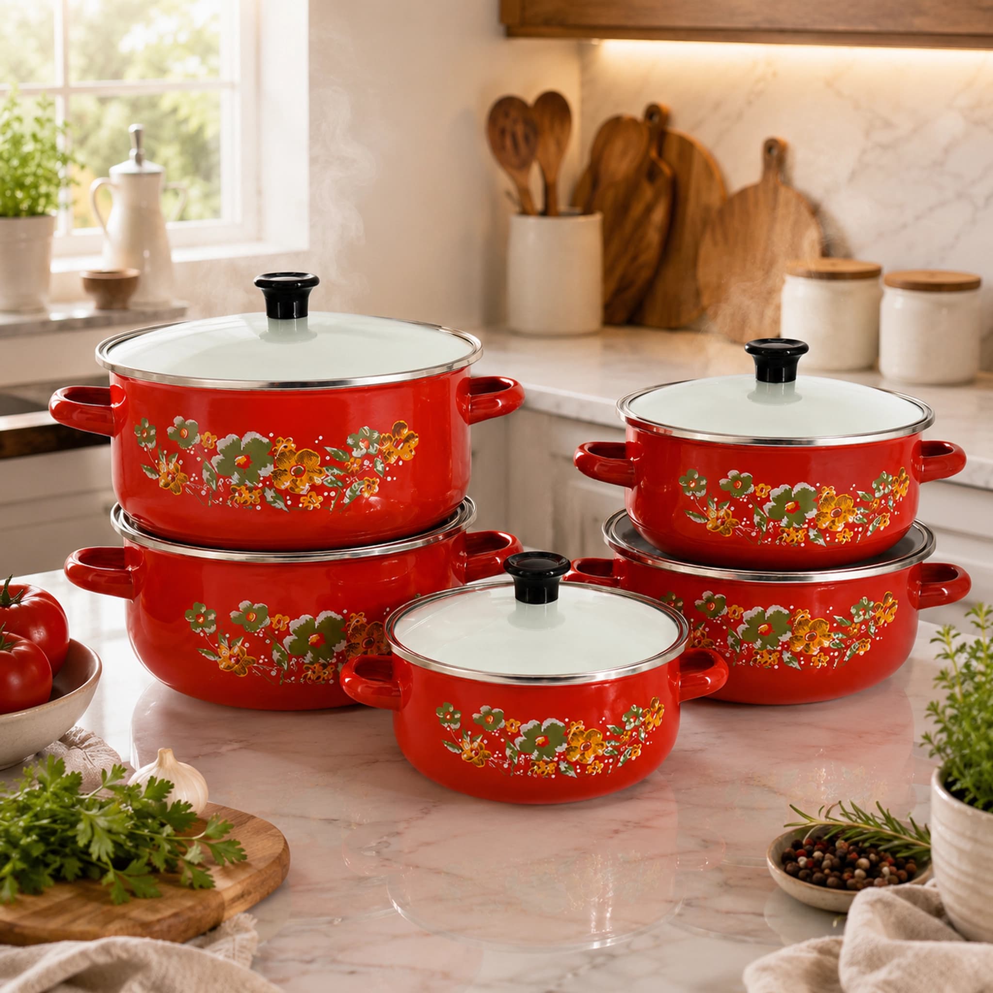 products.photoOf Enamel Casserole Set 10-Pcs Red Floral Round with Glass Lids KB-9102