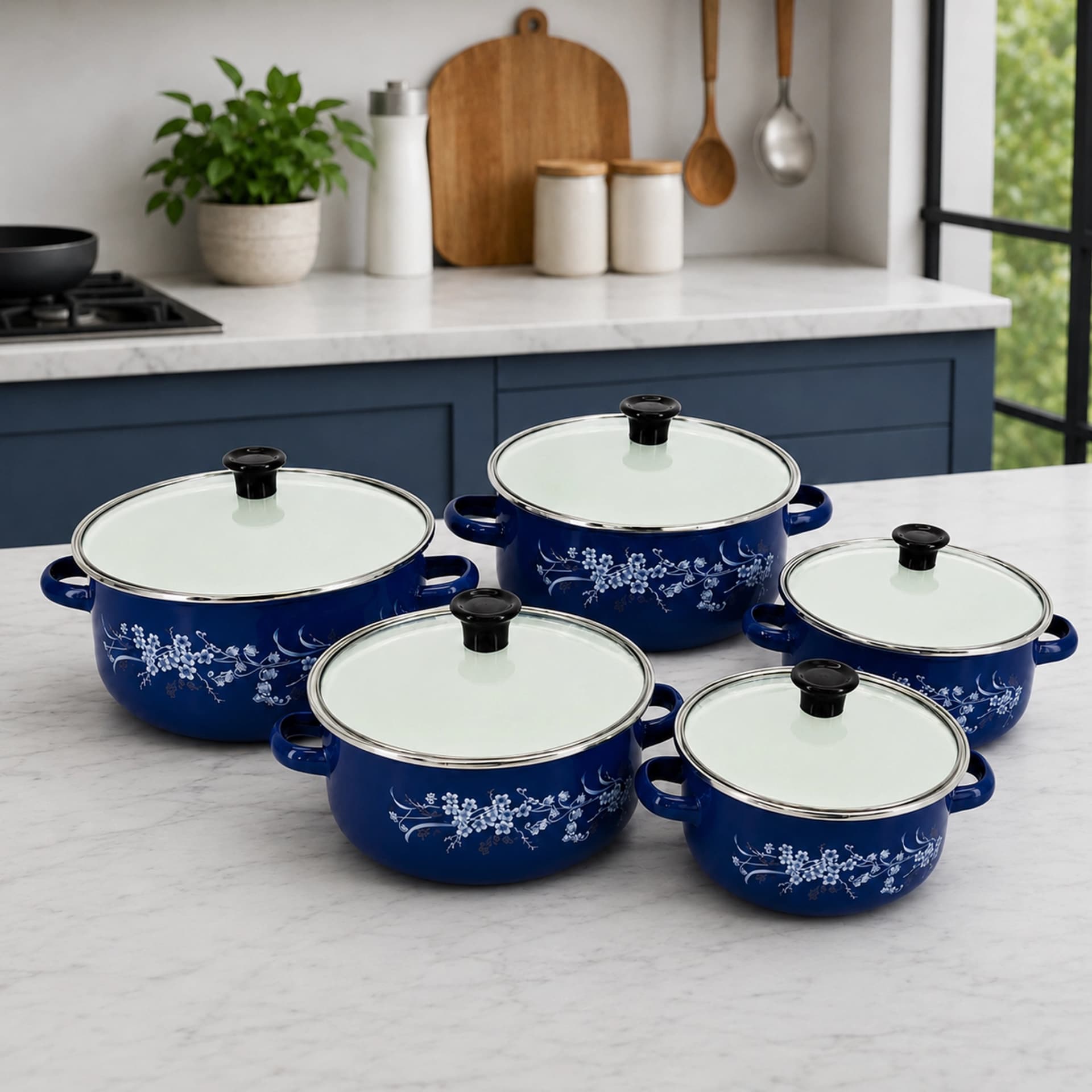 products.photoOf Enamel Cookware Set 5-Pcs Blue With Glass Lids KB-9102