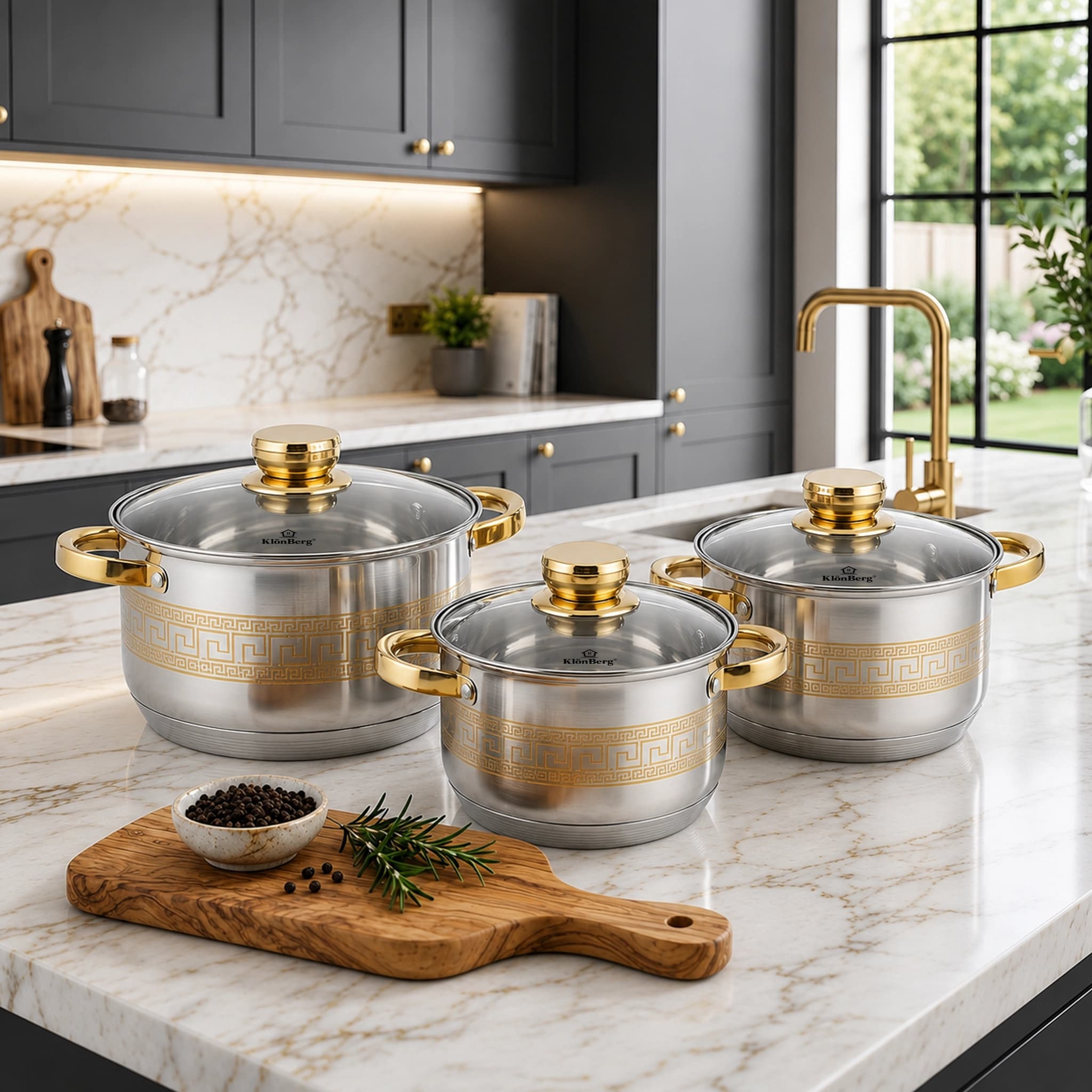 products.photoOf Stainless Steel Cookware Set 6-Piece Gold Design Pots with Glass Lids KB-3042