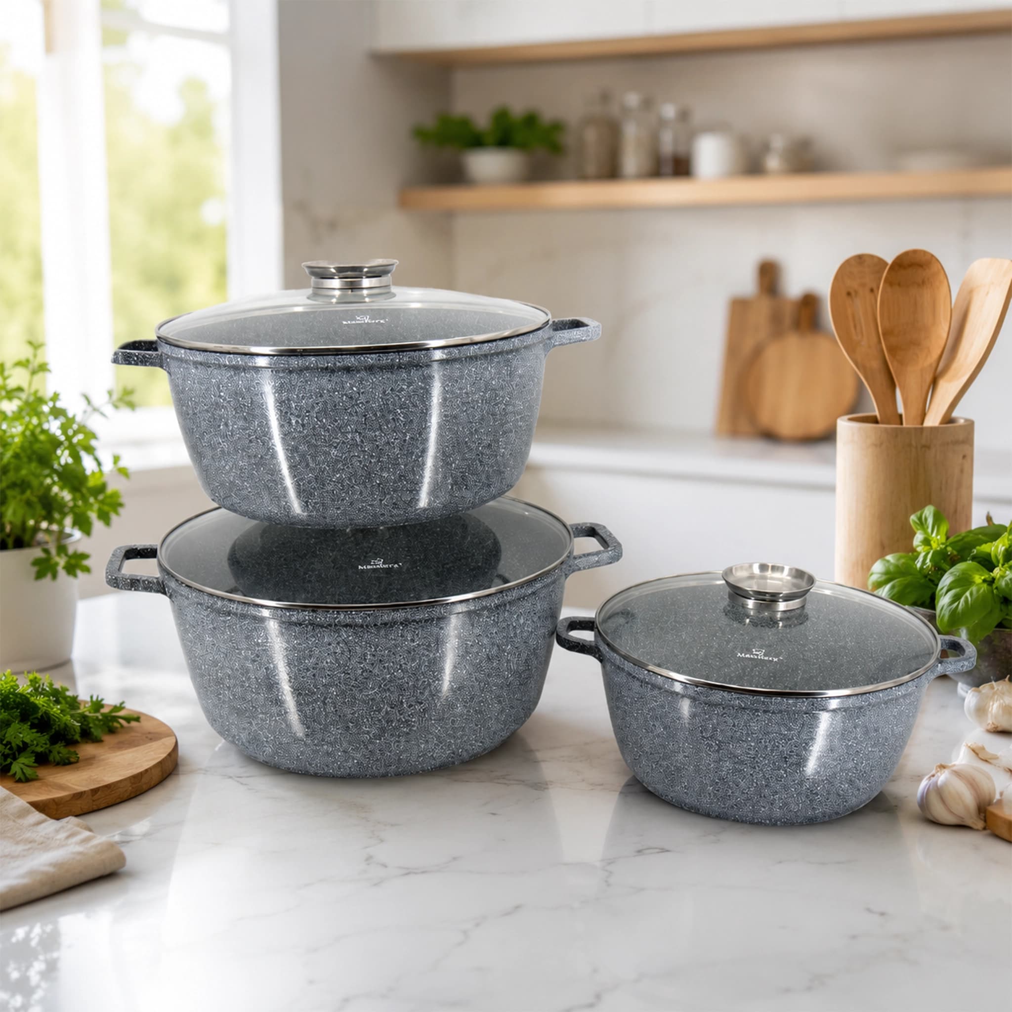 products.photoOf Ceramic Marble Nonstick Cookware Set 6PCS with Glass Lids KB-3962