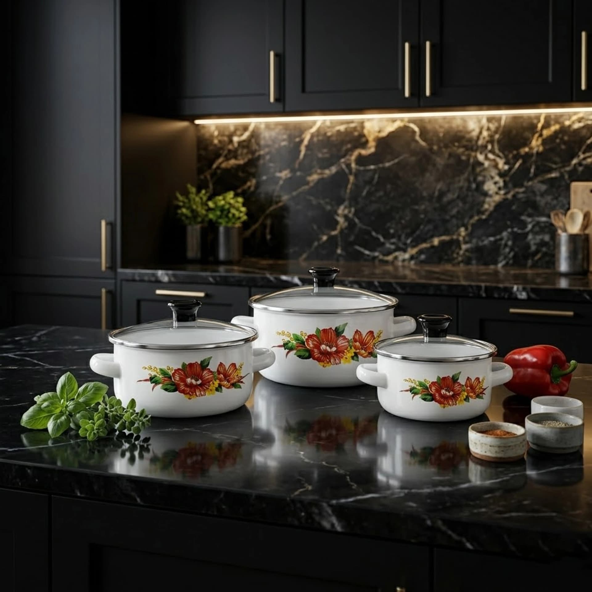 products.photoOf Enamel Casserole Set 6-Piece White Floral Pots with Glass Lids KB-9103