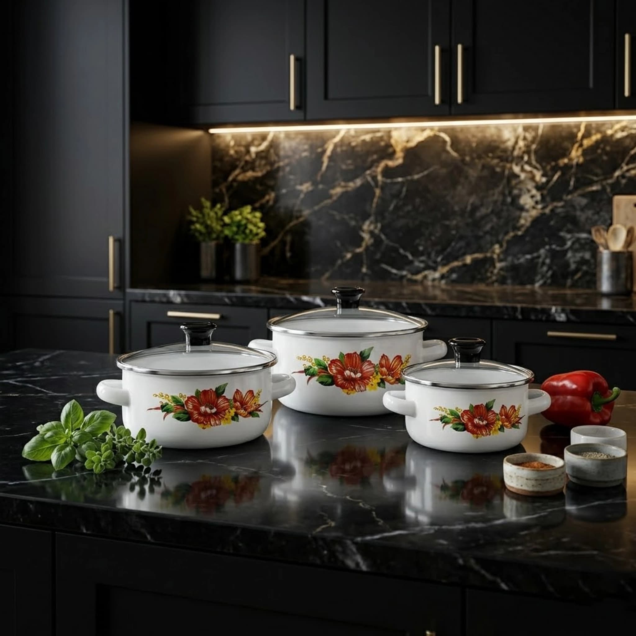 products.photoOf Enamel Casserole Set 6-Piece White Floral Pots with Glass Lids KB-9103