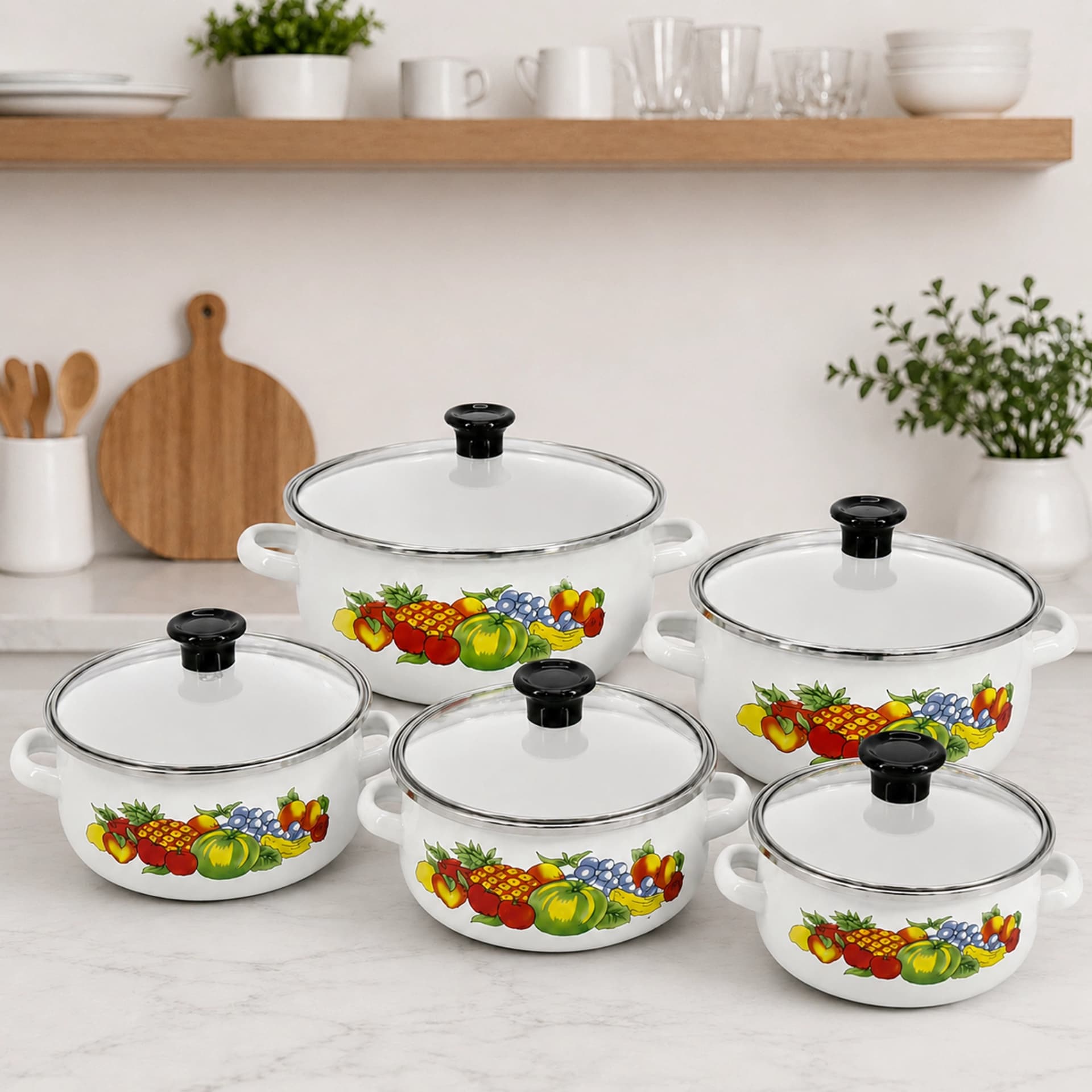 products.photoOf Enamel Cookware Set 5-Piece Fruit Print with Glass Lids KB-9104