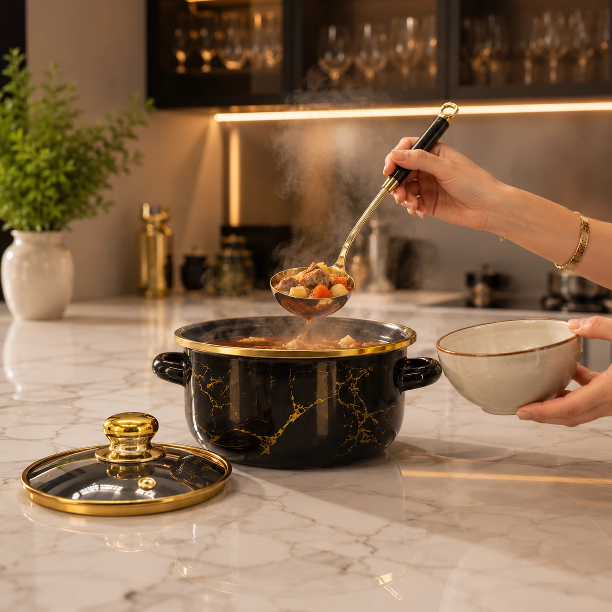 products.photoOf Black and Gold Enamel Cookware Set 5 Piece with Glass Lids and Stainless Steel Rim KB-9106