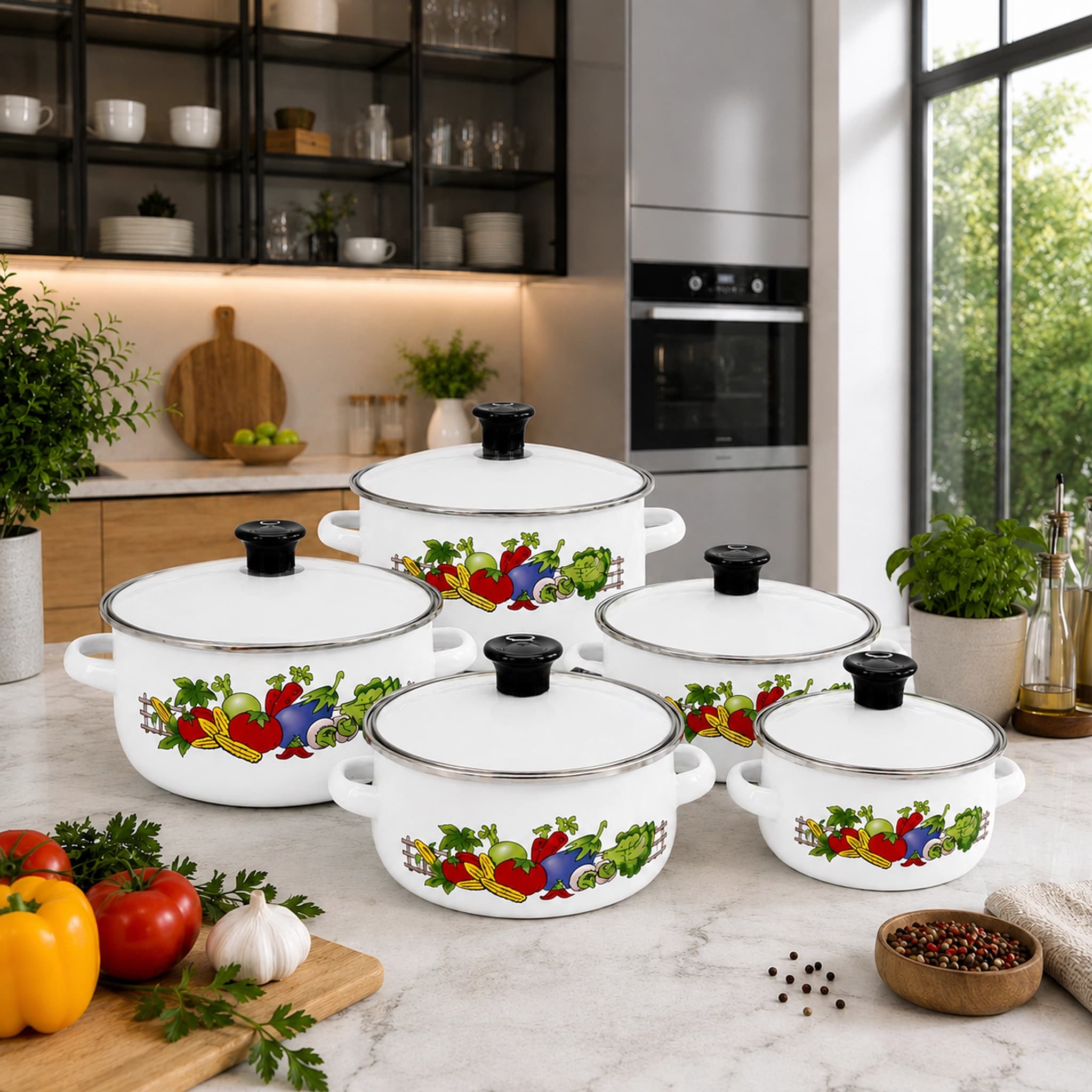 products.photoOf Enamel Cookware Set 5-Piece Vegetable Print with Glass Lids KB-9104
