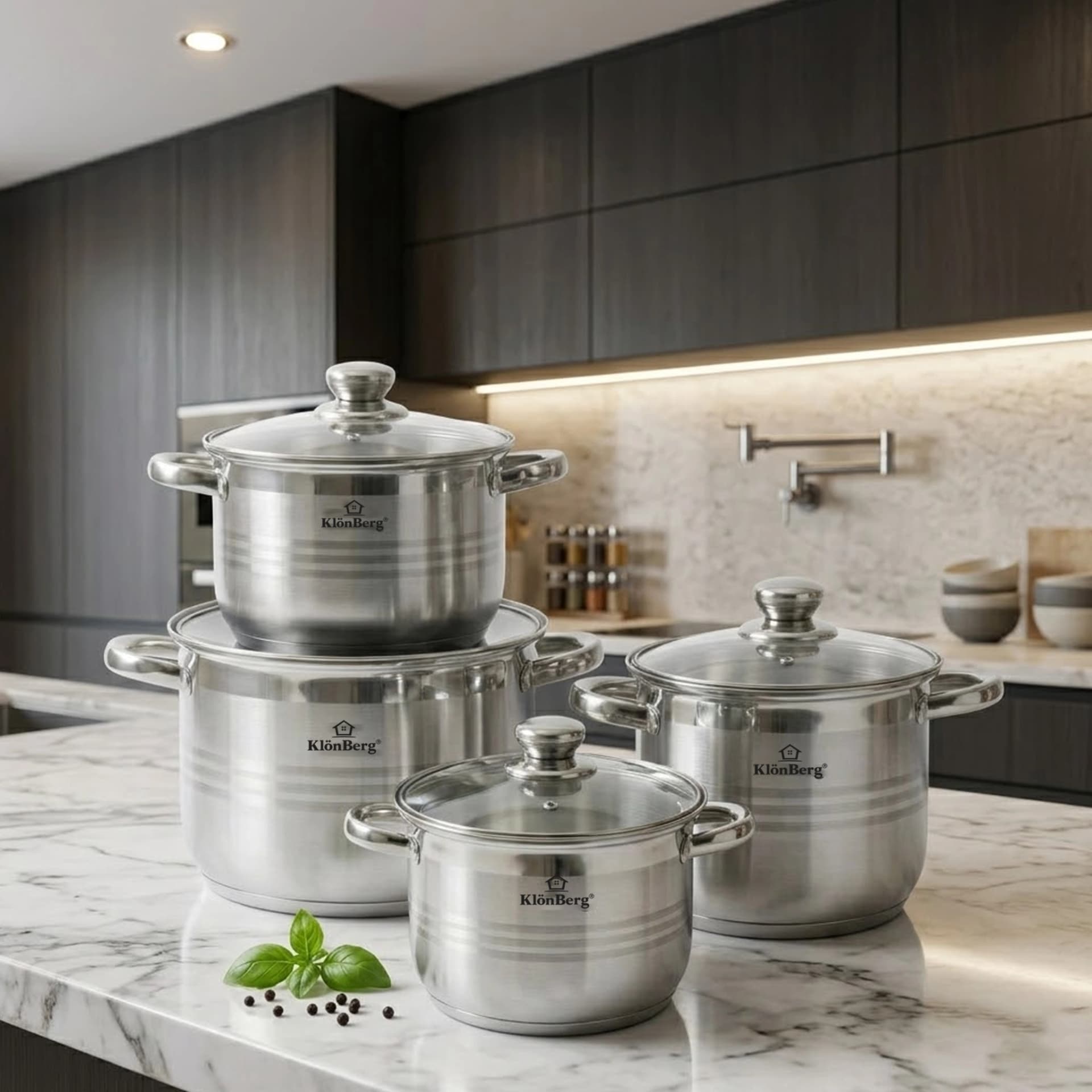products.photoOf Stainless Steel Stock Pot Set 8 Pcs 5 Step Base with Glass Lid KB-2532